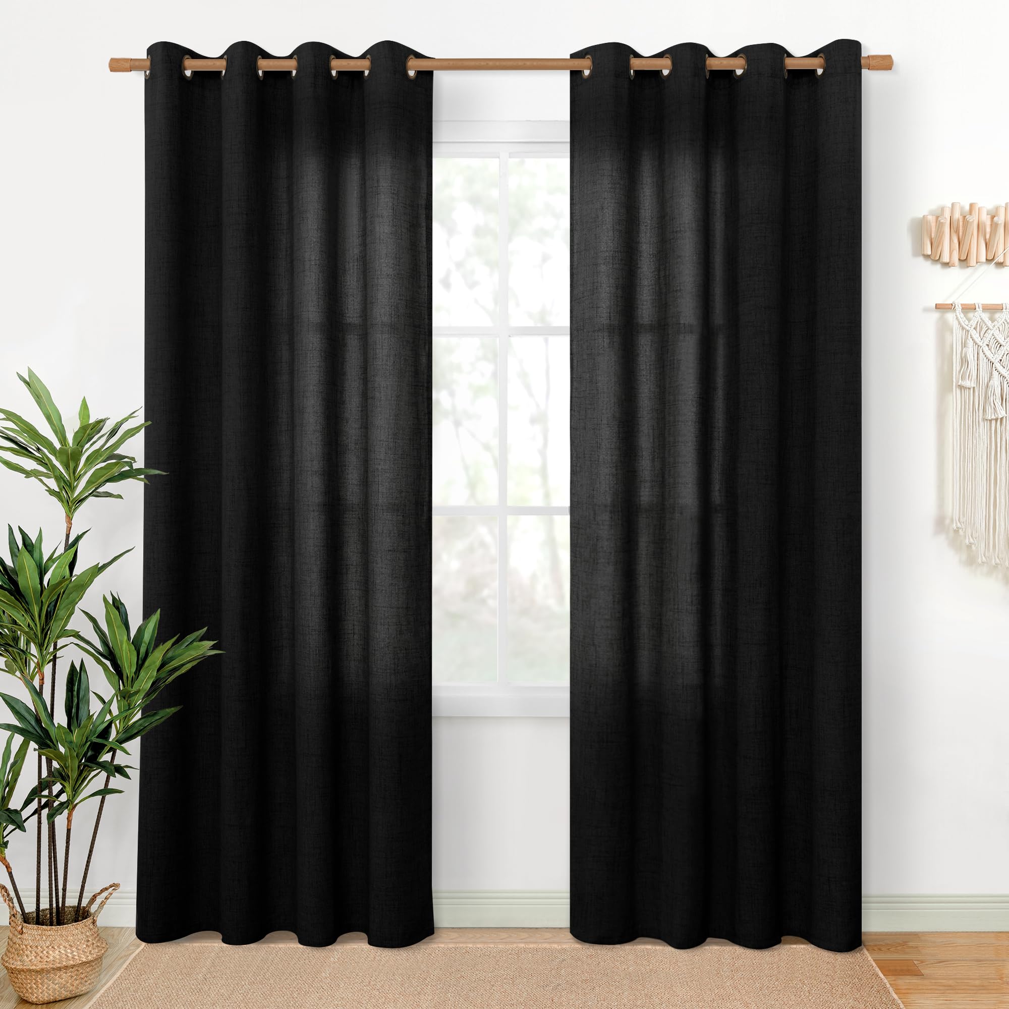 YoungsTex Linen Semi Sheer Curtains 63 Inch Length 2 Panels for Living Room - Light Filtering Drapes with Bronze Grommet Beige Window Treatments for Country Office Bedroom, 52 X 63 Inch