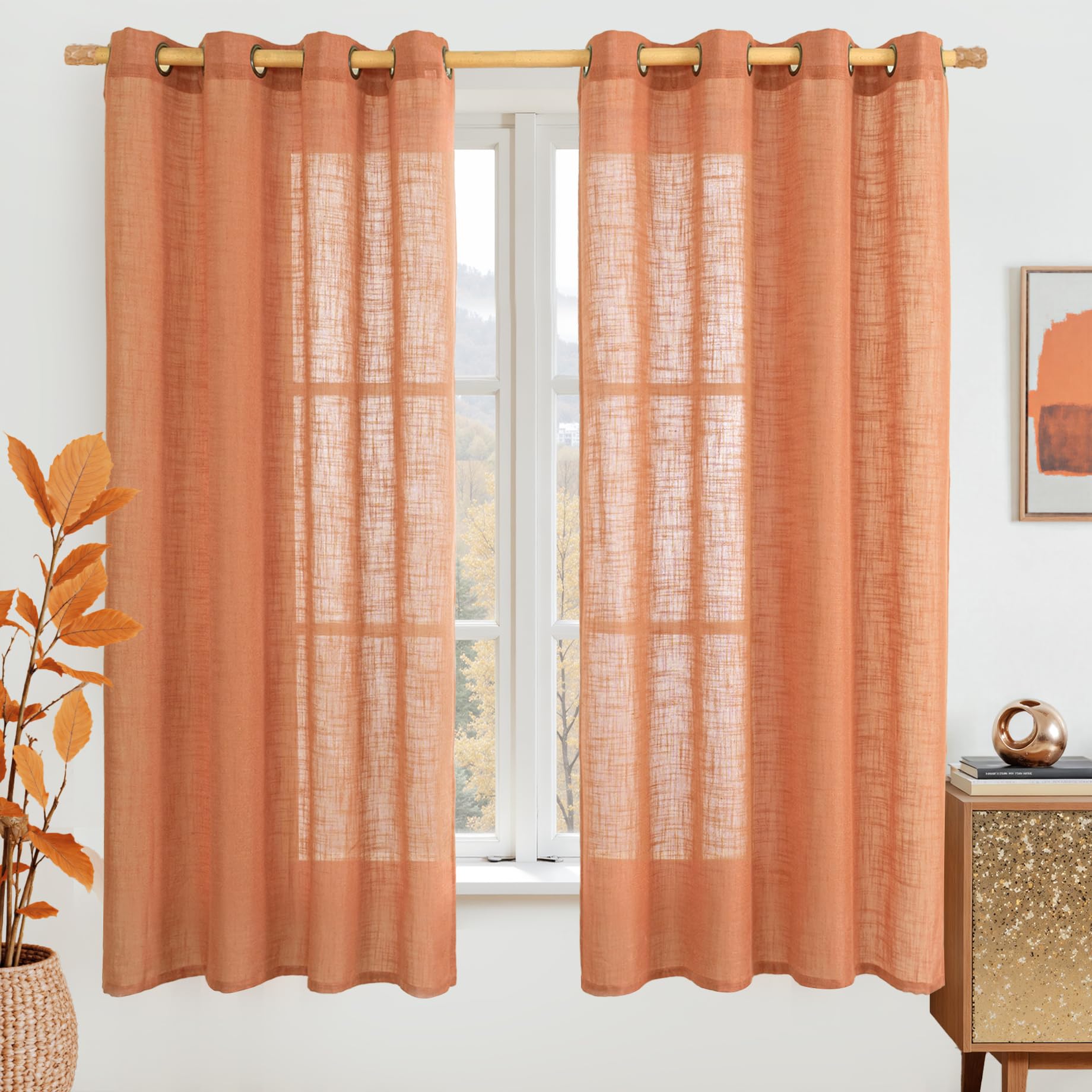 LAMIT Natural Ivory Linen Semi Sheer Curtains 84 inch Length, Cream Light Filtering Soft Thick Neutral Living Room Drapes with Bronze Grommet for Bedroom/Farmhouse, 2 Panels, 52 x 84 Inch
