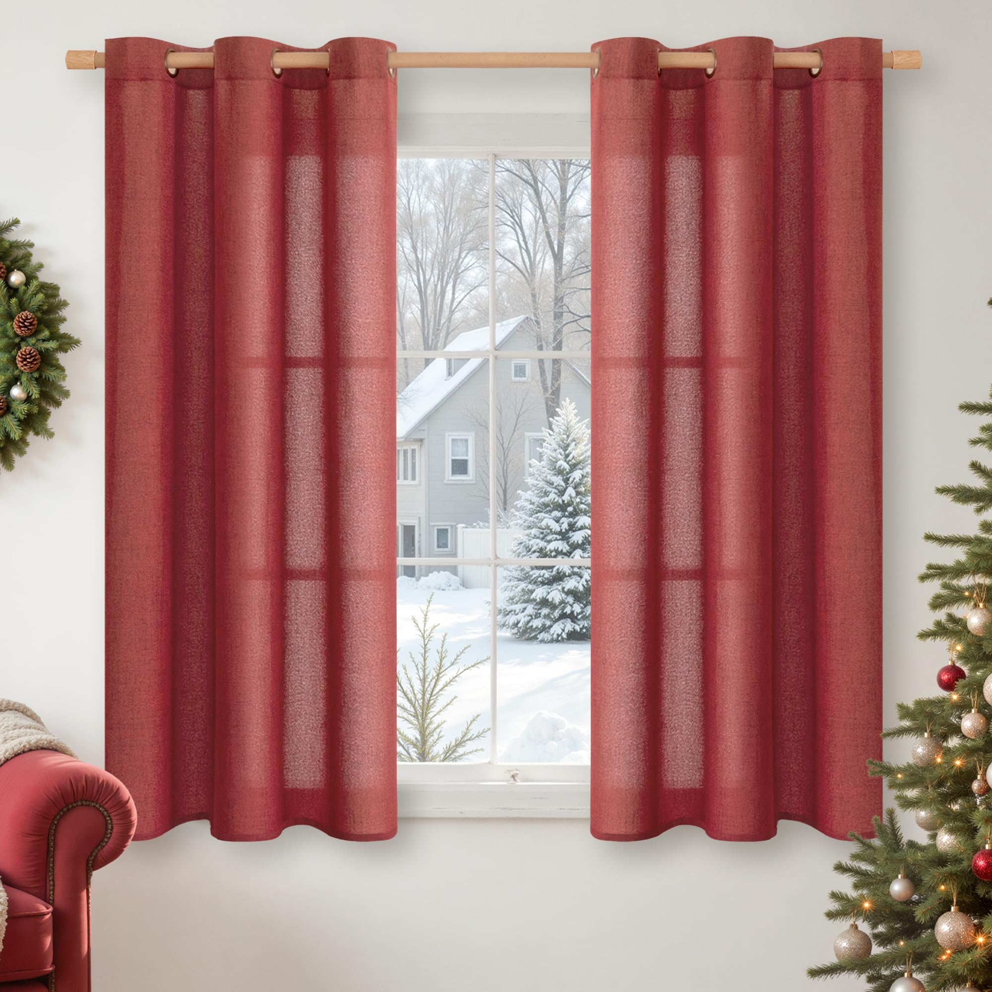 YoungsTex Linen Semi Sheer Curtains 63 Inch Length 2 Panels for Living Room - Light Filtering Drapes with Bronze Grommet Beige Window Treatments for Country Office Bedroom, 52 X 63 Inch