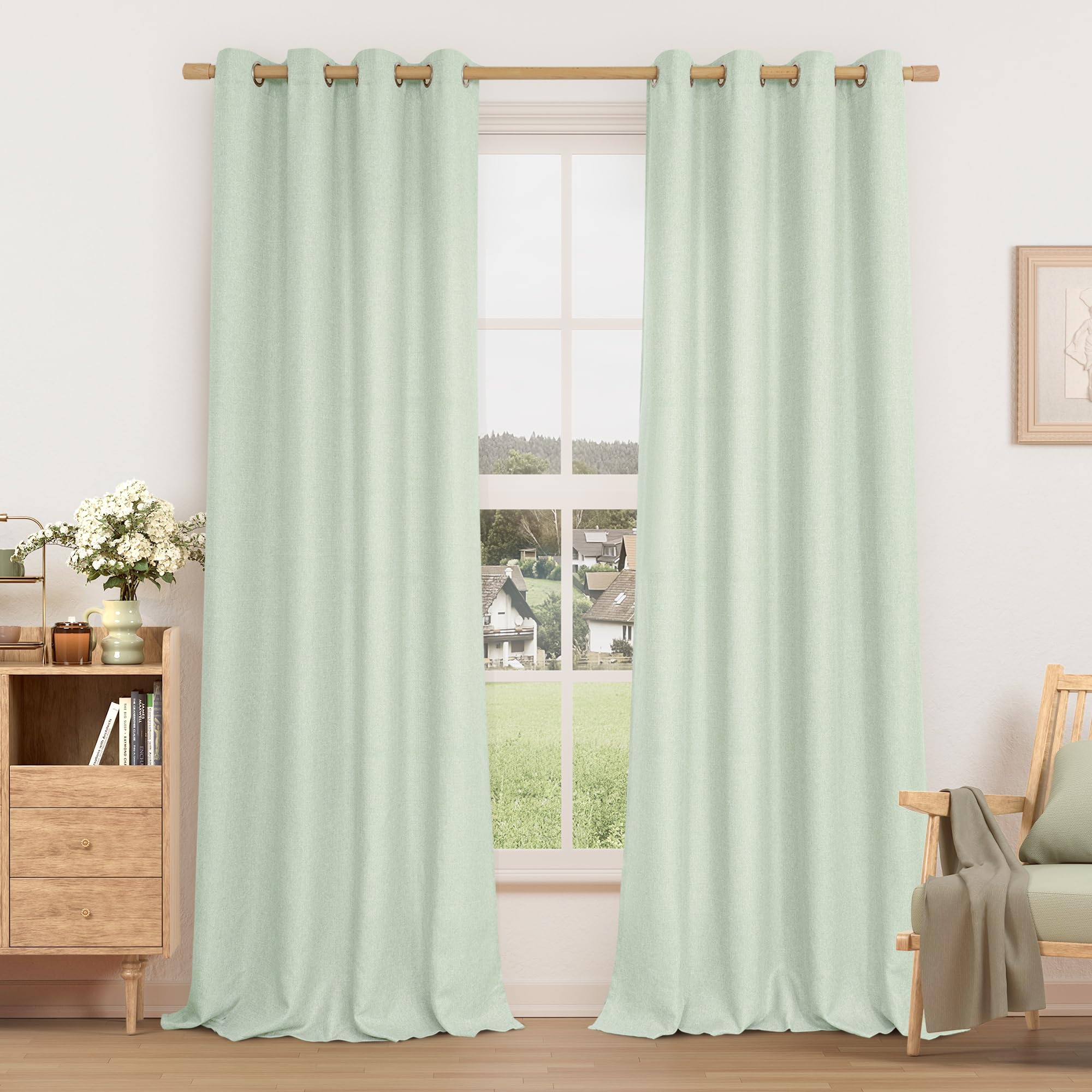 LAMIT Linen Curtains 84 inch Length 2 Panels, Grommet Thick Soft Light Filtering Curtains Privacy Living Room Window Drapes for Bedroom/Farmhouse, W52 x L84, Natural Beige