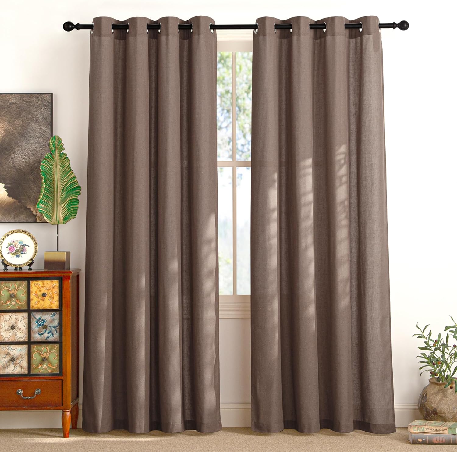 NICETOWN Natural Linen Curtains 84 inch Long 2 Panels Set, Grommet Top Thick Linen Burlap Semi Sheer Vertical Drapes Privacy Assured with Light Filtering for Bedroom/Living Room, W55 x L84