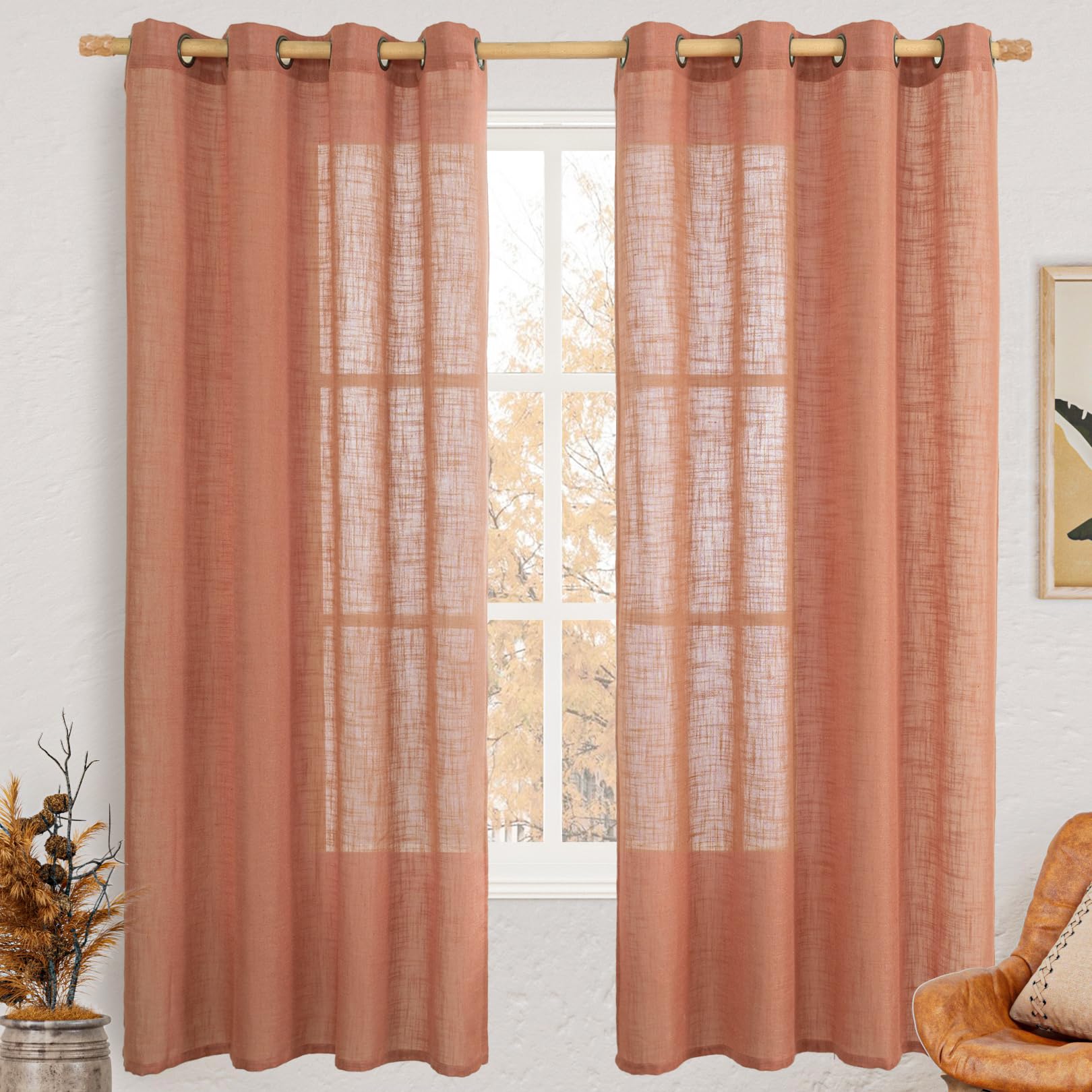 LAMIT Natural Ivory Linen Semi Sheer Curtains 84 inch Length, Cream Light Filtering Soft Thick Neutral Living Room Drapes with Bronze Grommet for Bedroom/Farmhouse, 2 Panels, 52 x 84 Inch