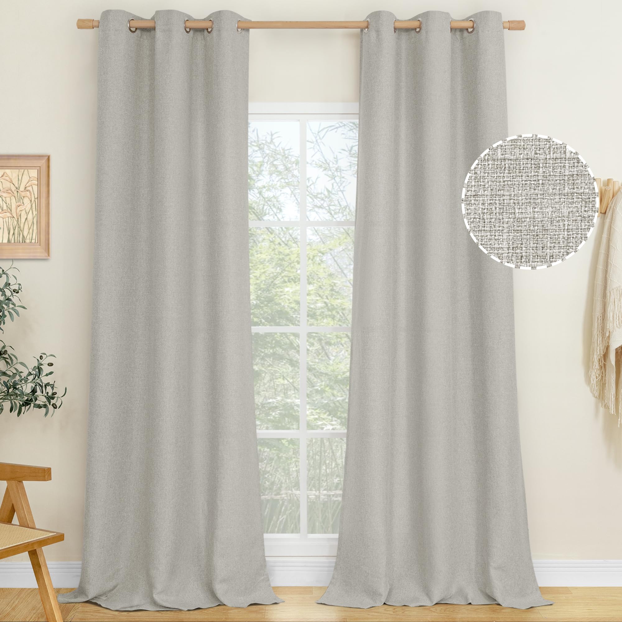 LAMIT Linen Curtains 84 inch Length 2 Panels, Grommet Thick Soft Light Filtering Curtains Privacy Living Room Window Drapes for Bedroom/Farmhouse, W52 x L84, Natural Beige