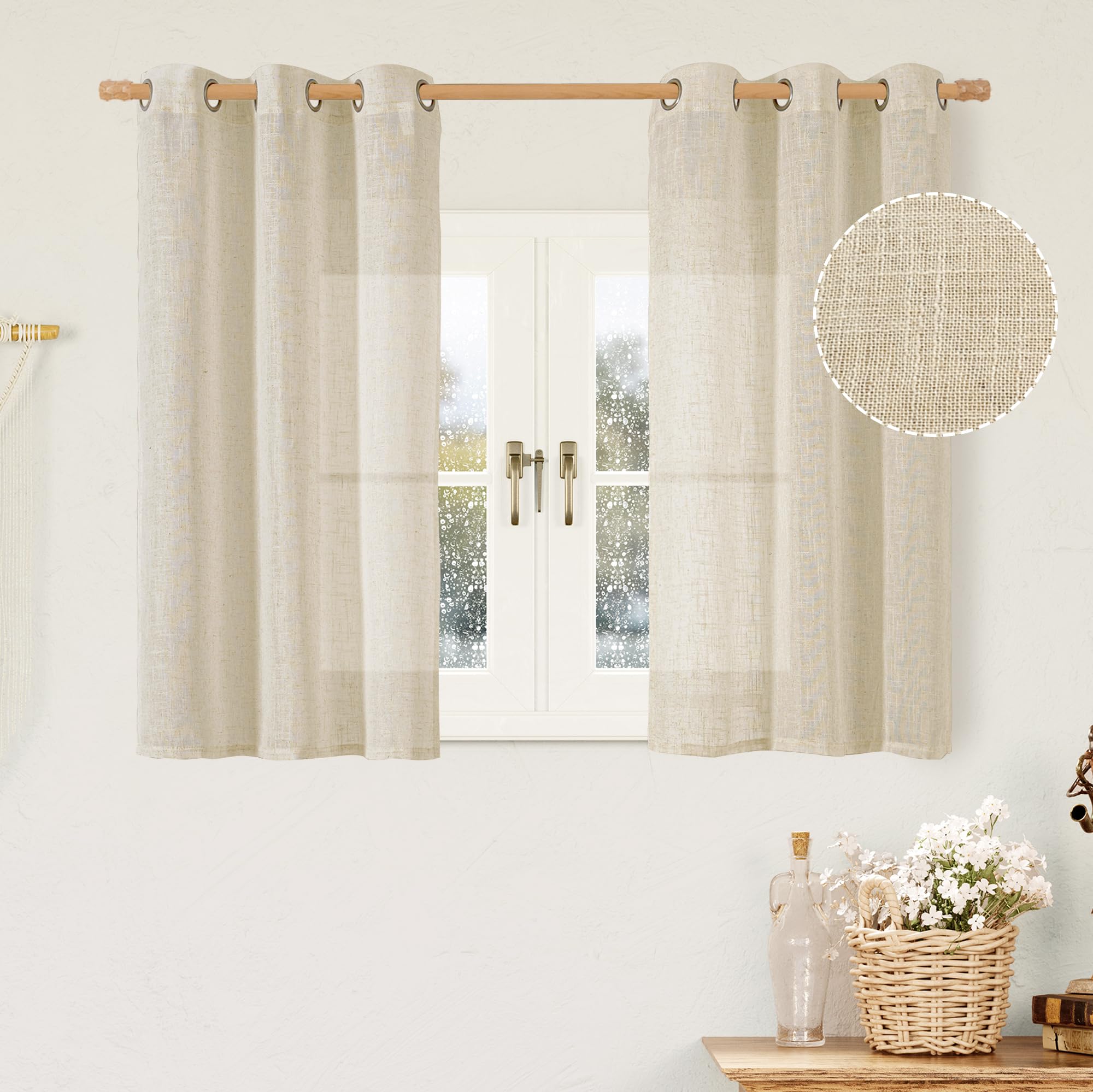 LAMIT Natural Ivory Linen Semi Sheer Curtains 84 inch Length, Cream Light Filtering Soft Thick Neutral Living Room Drapes with Bronze Grommet for Bedroom/Farmhouse, 2 Panels, 52 x 84 Inch