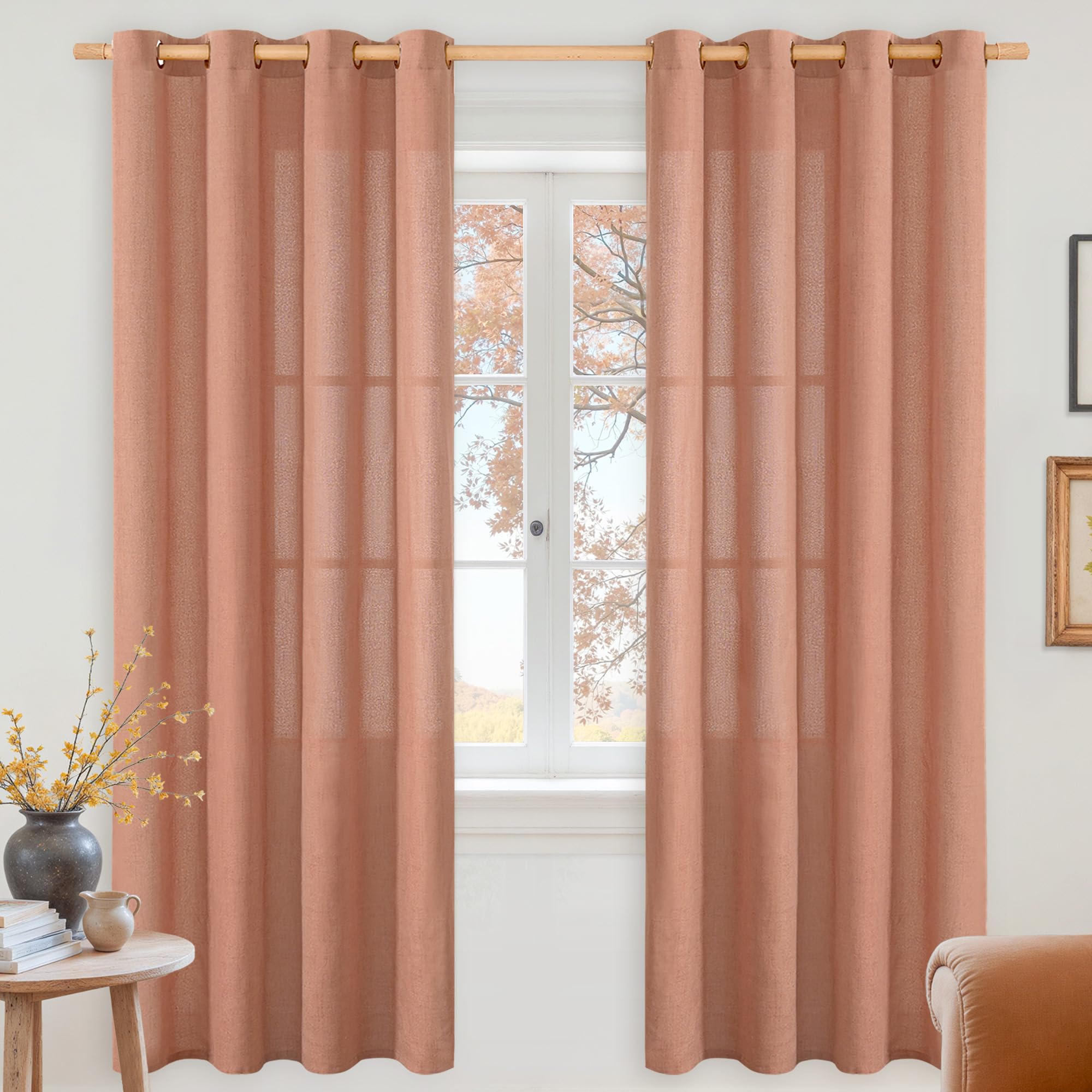 YoungsTex Linen Semi Sheer Curtains 63 Inch Length 2 Panels for Living Room - Light Filtering Drapes with Bronze Grommet Beige Window Treatments for Country Office Bedroom, 52 X 63 Inch