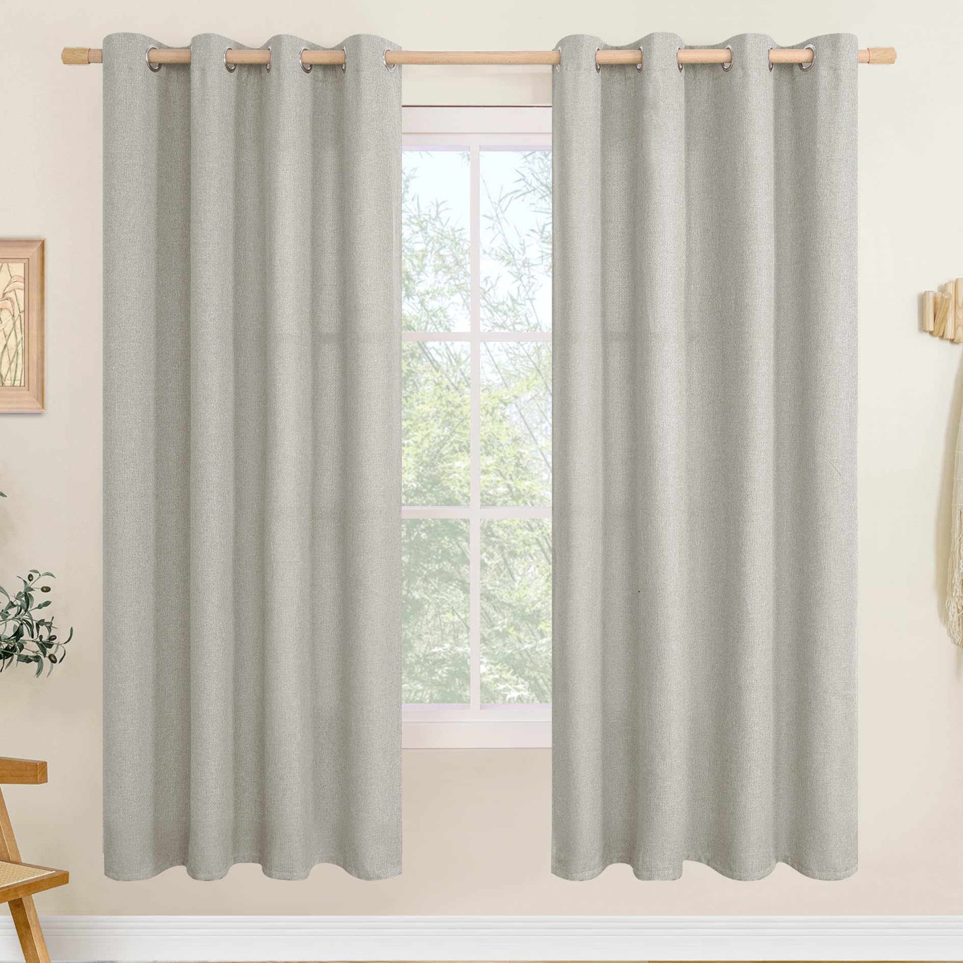 LAMIT Linen Curtains 84 inch Length 2 Panels, Grommet Thick Soft Light Filtering Curtains Privacy Living Room Window Drapes for Bedroom/Farmhouse, W52 x L84, Natural Beige