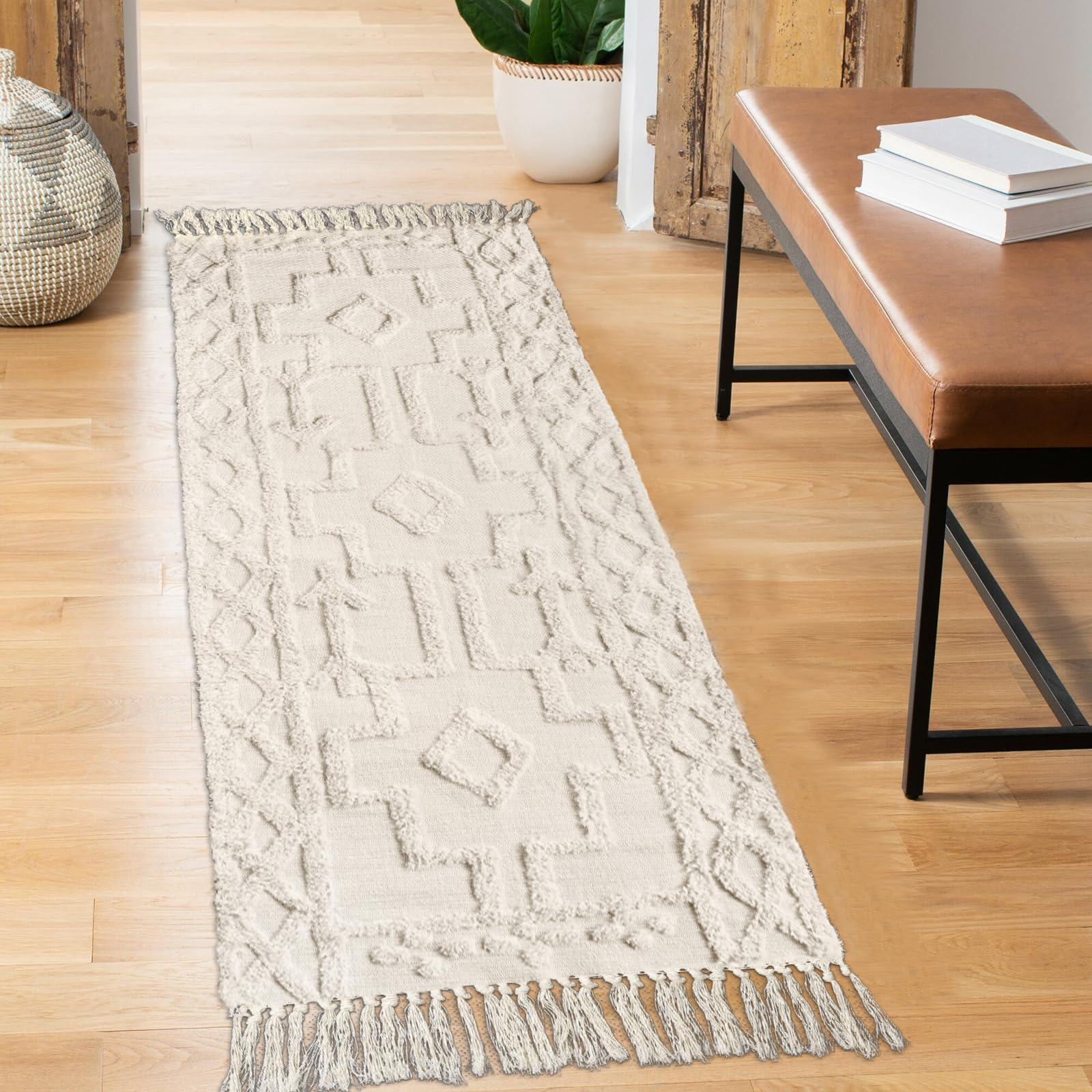Uphome Boho Hallway Runner Rug 2'x 6', Beige Cotton Washable Kitchen Rug Runners with Tassels, Hand Woven Western Entryway Runner Rugs, Morrocan Accent Throw Carpet for Hallways Bedroom Bathroom