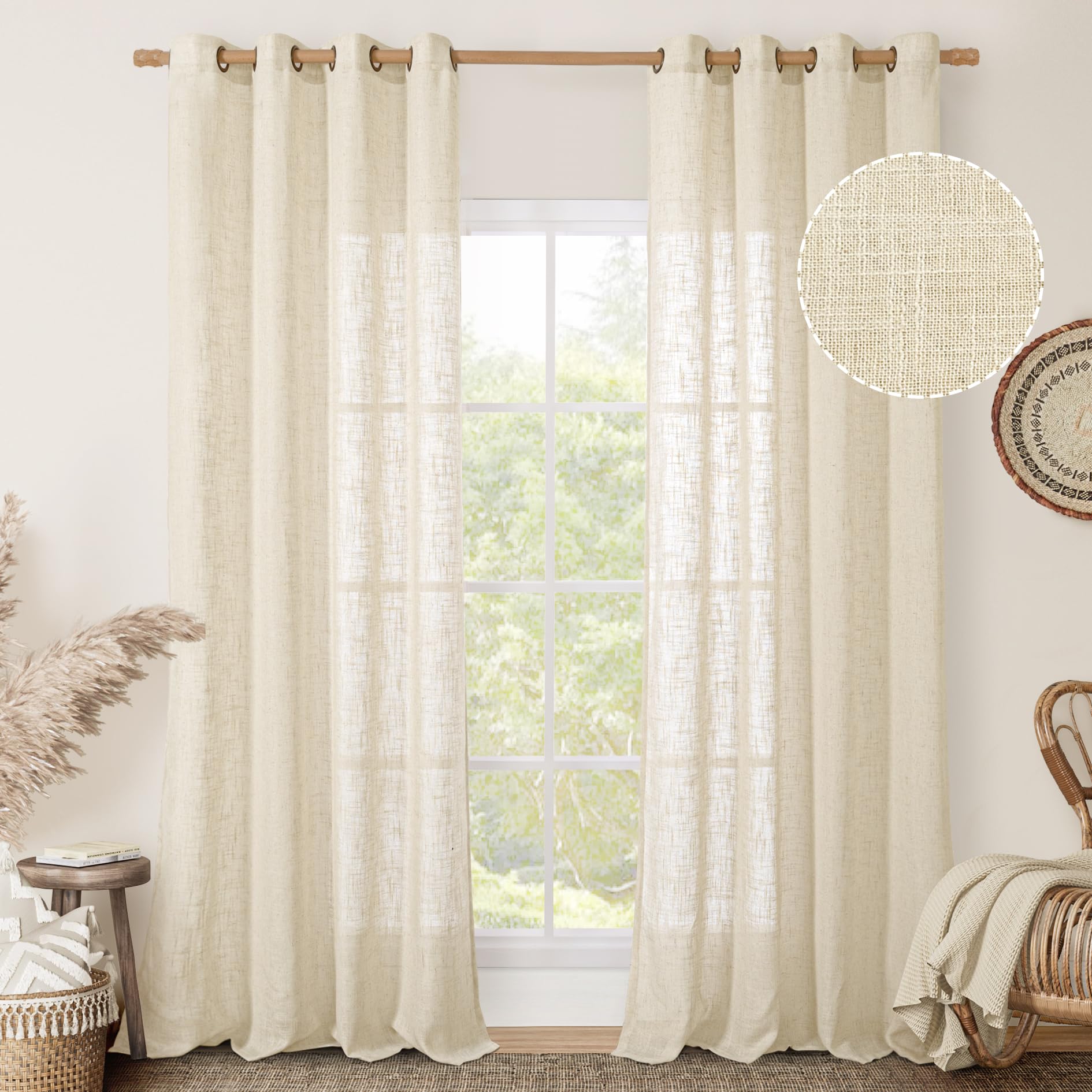 LAMIT Natural Ivory Linen Semi Sheer Curtains 84 inch Length, Cream Light Filtering Soft Thick Neutral Living Room Drapes with Bronze Grommet for Bedroom/Farmhouse, 2 Panels, 52 x 84 Inch