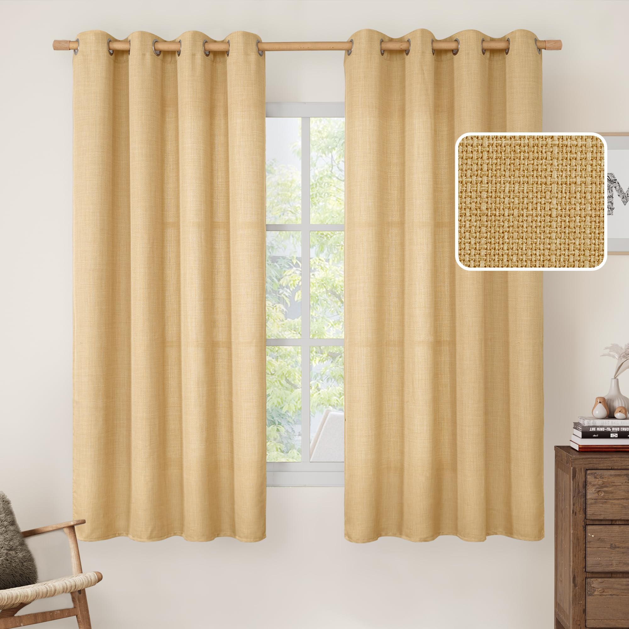 LAMIT Natural Ivory Linen Semi Sheer Curtains 84 inch Length, Cream Light Filtering Soft Thick Neutral Living Room Drapes with Bronze Grommet for Bedroom/Farmhouse, 2 Panels, 52 x 84 Inch