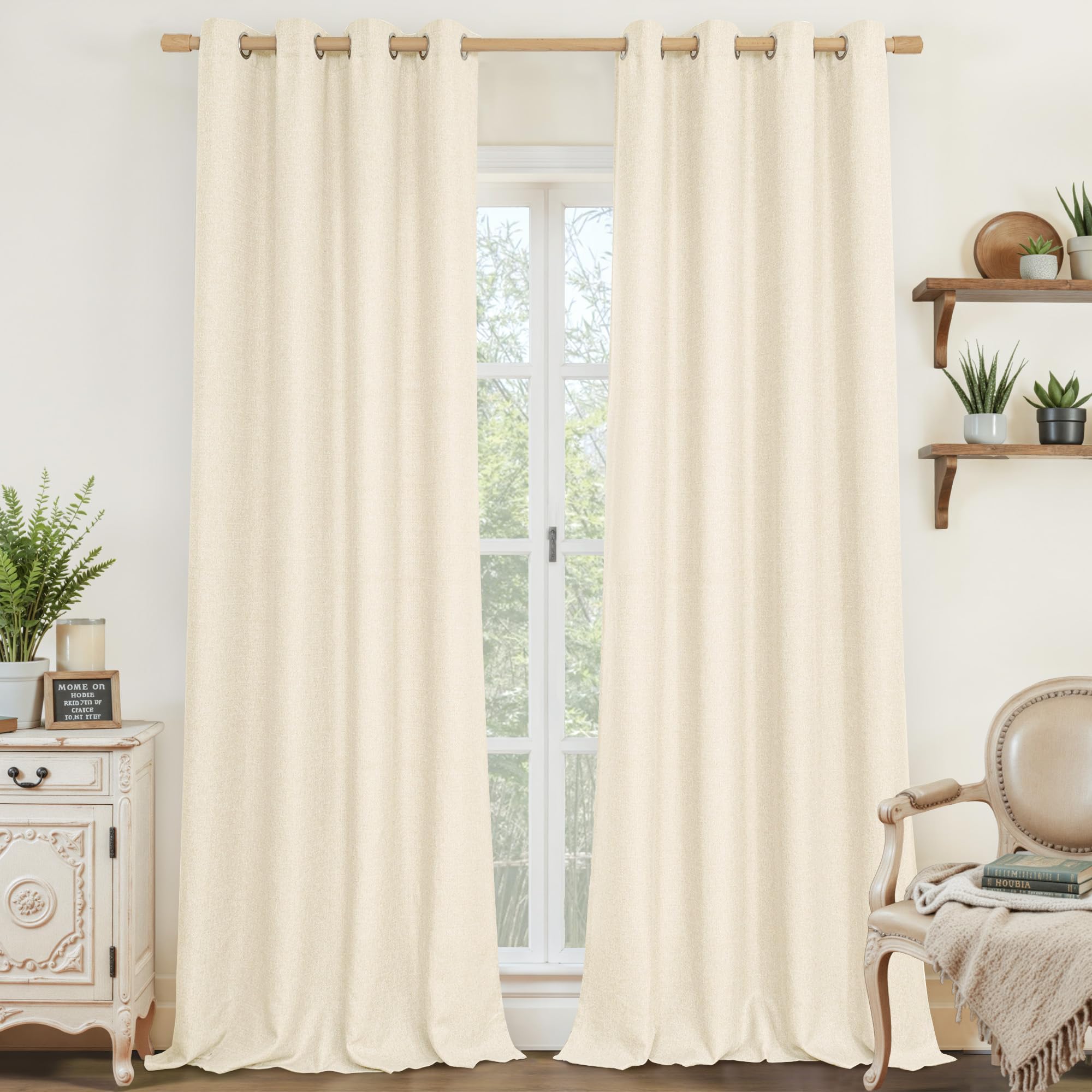 LAMIT Linen Curtains 84 inch Length 2 Panels, Grommet Thick Soft Light Filtering Curtains Privacy Living Room Window Drapes for Bedroom/Farmhouse, W52 x L84, Natural Beige