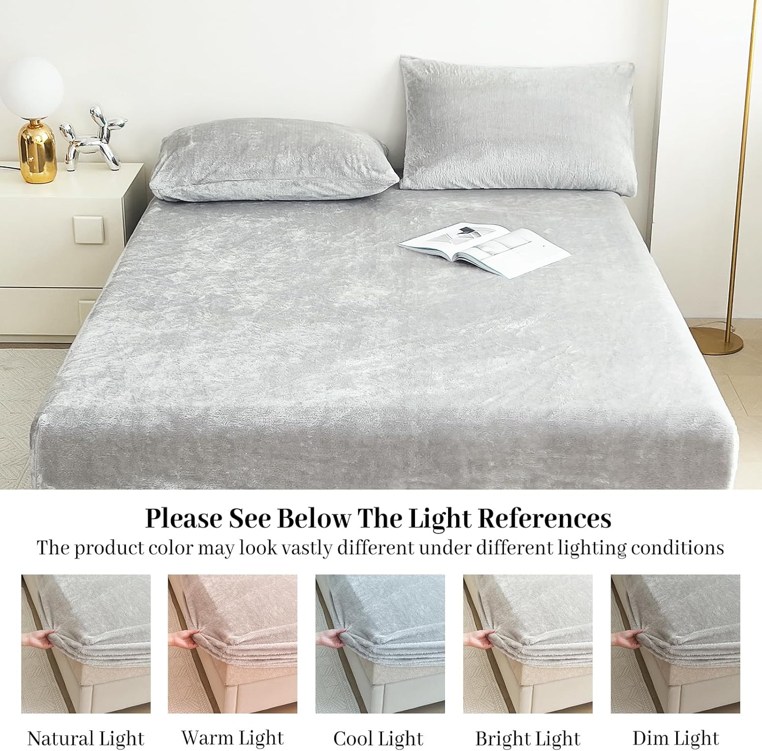 YIYEA Fleece Fitted Sheet Only, Ultra Soft Fluffy Plush Velvet Deep Pocket Fitted Bottom Sheet for Fall Winter, Cozy Warmth and No Shedding, Light Gray, Queen