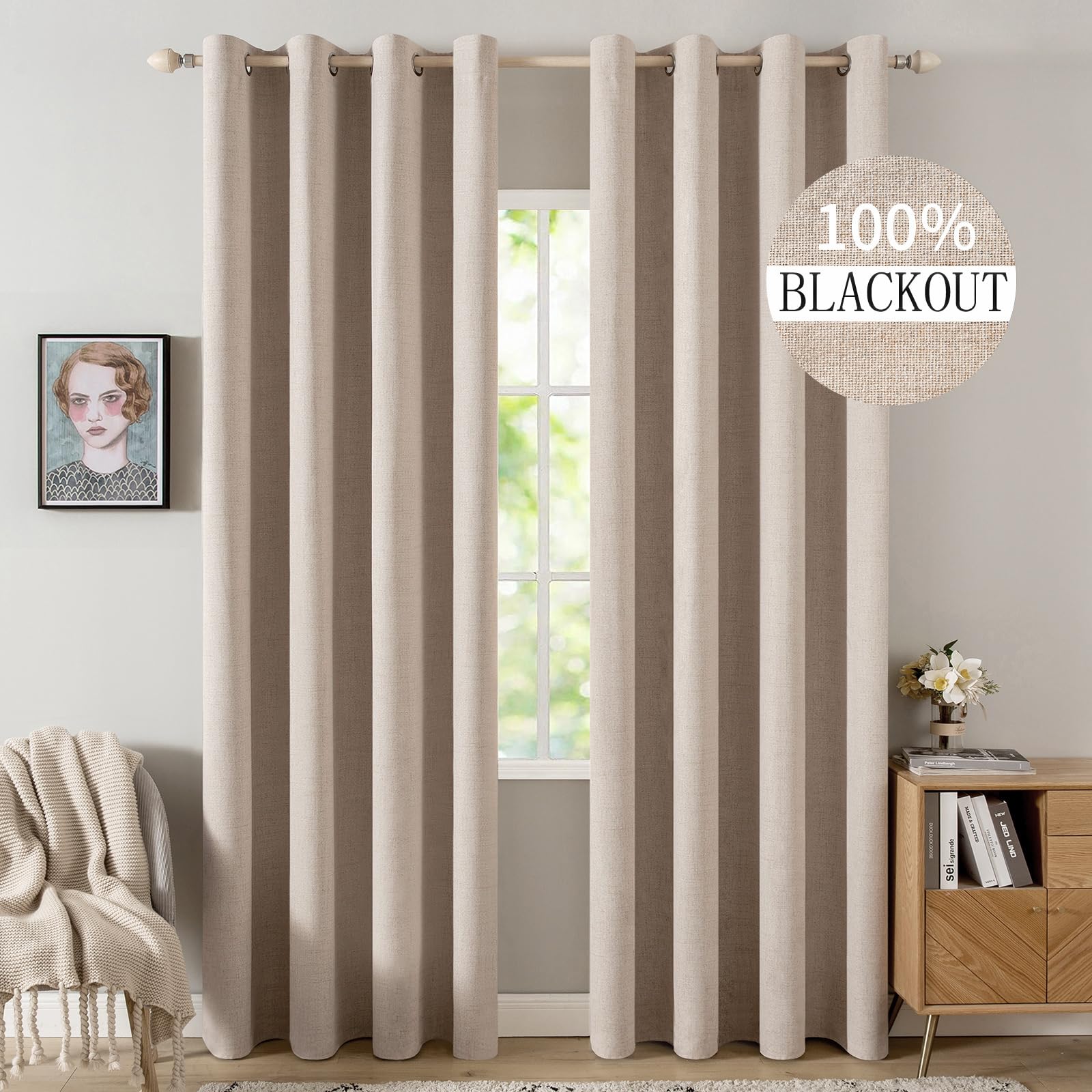 MIULEE 100% Blackout Linen Textured Curtains for Bedroom Solid Thermal Insulated Cream Grommet Room Darkening Curtains & Drapes Luxury Decor for Living Room Nursery 52 x 84 Inch (2 Panels)