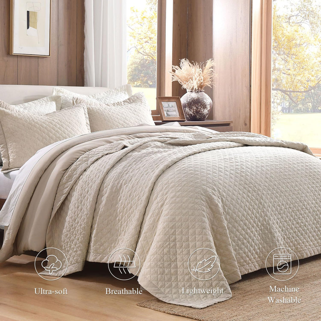 Grassix Linen Quilt Set King Size 3-Piece, 100% Linen Front & Cotton Back, Prewashed Diamond Stitch Bedspread with 2 Shams, Lightweight Breathable Quilt for Hot Sleepers, Modern Farmhouse Bedding