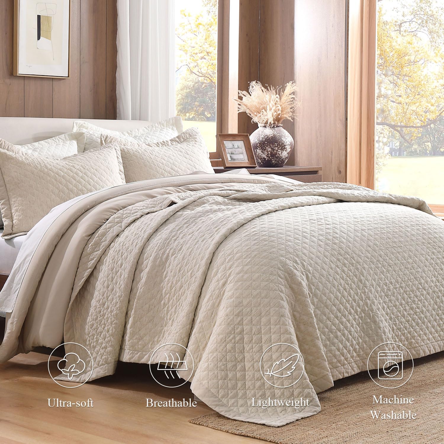 Grassix Linen Quilt Set King Size 3-Piece, 100% Linen Front & Cotton Back, Prewashed Diamond Stitch Bedspread with 2 Shams, Lightweight Breathable Quilt for Hot Sleepers, Modern Farmhouse Bedding
