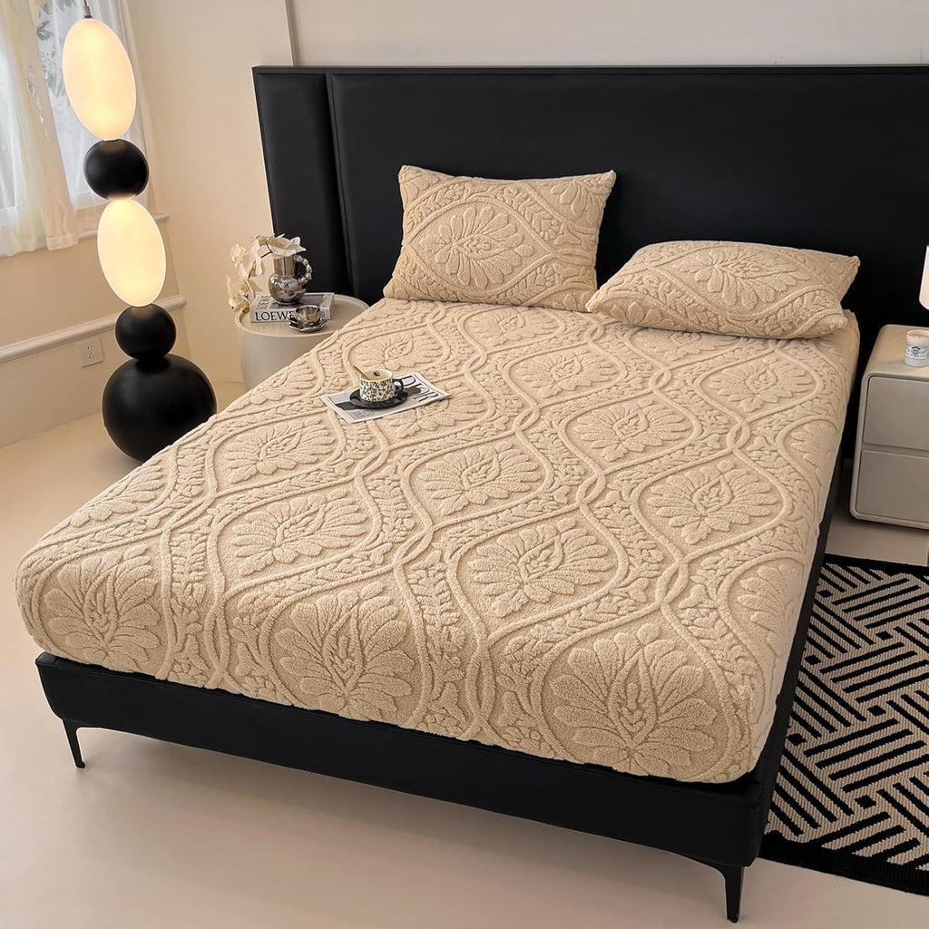 LweiPsqLin Fluffy Velvet Fitted Sheet Full Size - Micro Fleece Bed Sheet with 15" Deep Pockets, Bohemian Floral Jacquard Mattress Cover, Shrink & Fade Resistant, Khaki