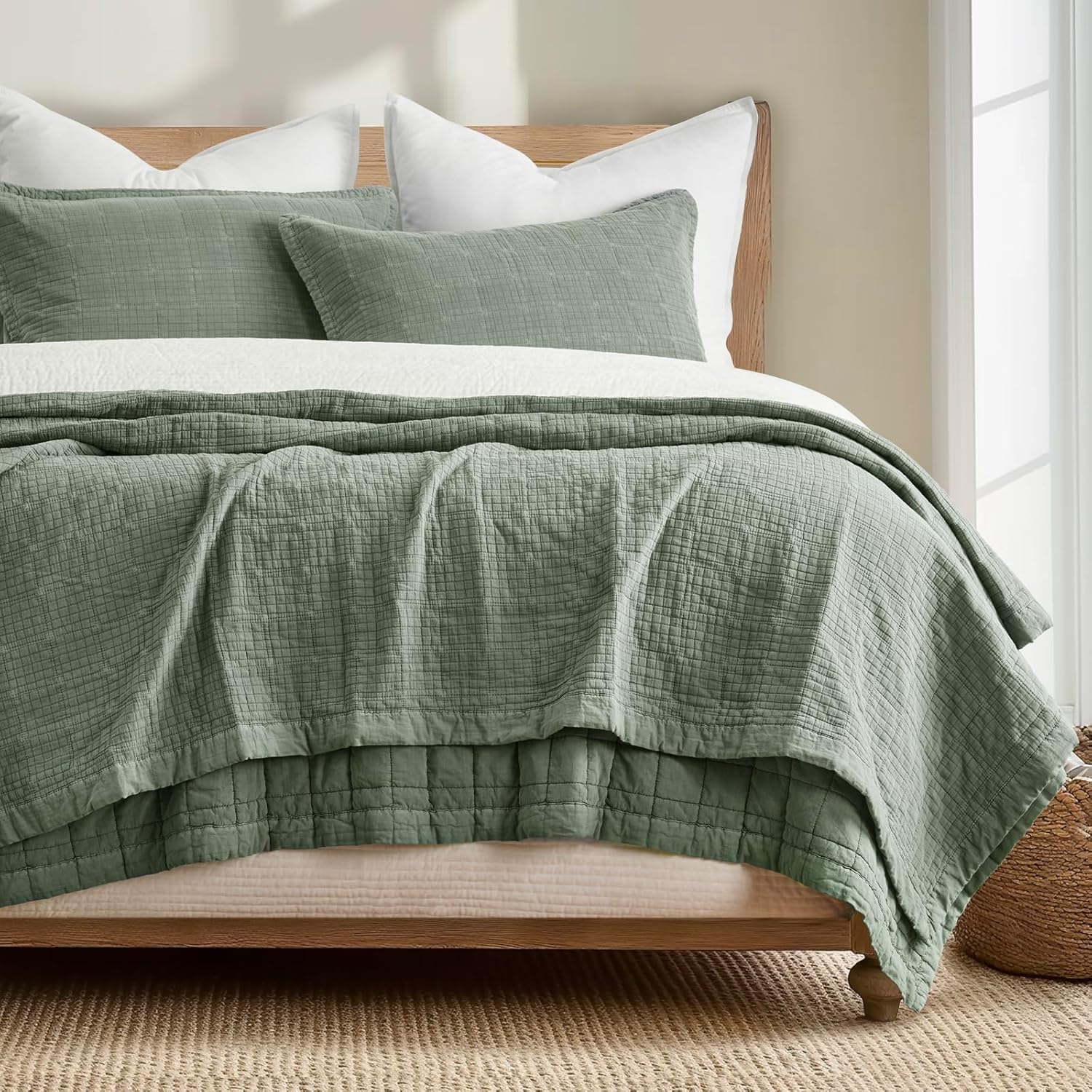 EVERGRACEHOME Stonewashed Cotton Quilt Set King Size, Ultra Soft Oversized Bedspread Coverlet Set, Lightweight Crinkle Box Stitch Bedding Sets for All Season, with 2 Shams, Mocha Brown