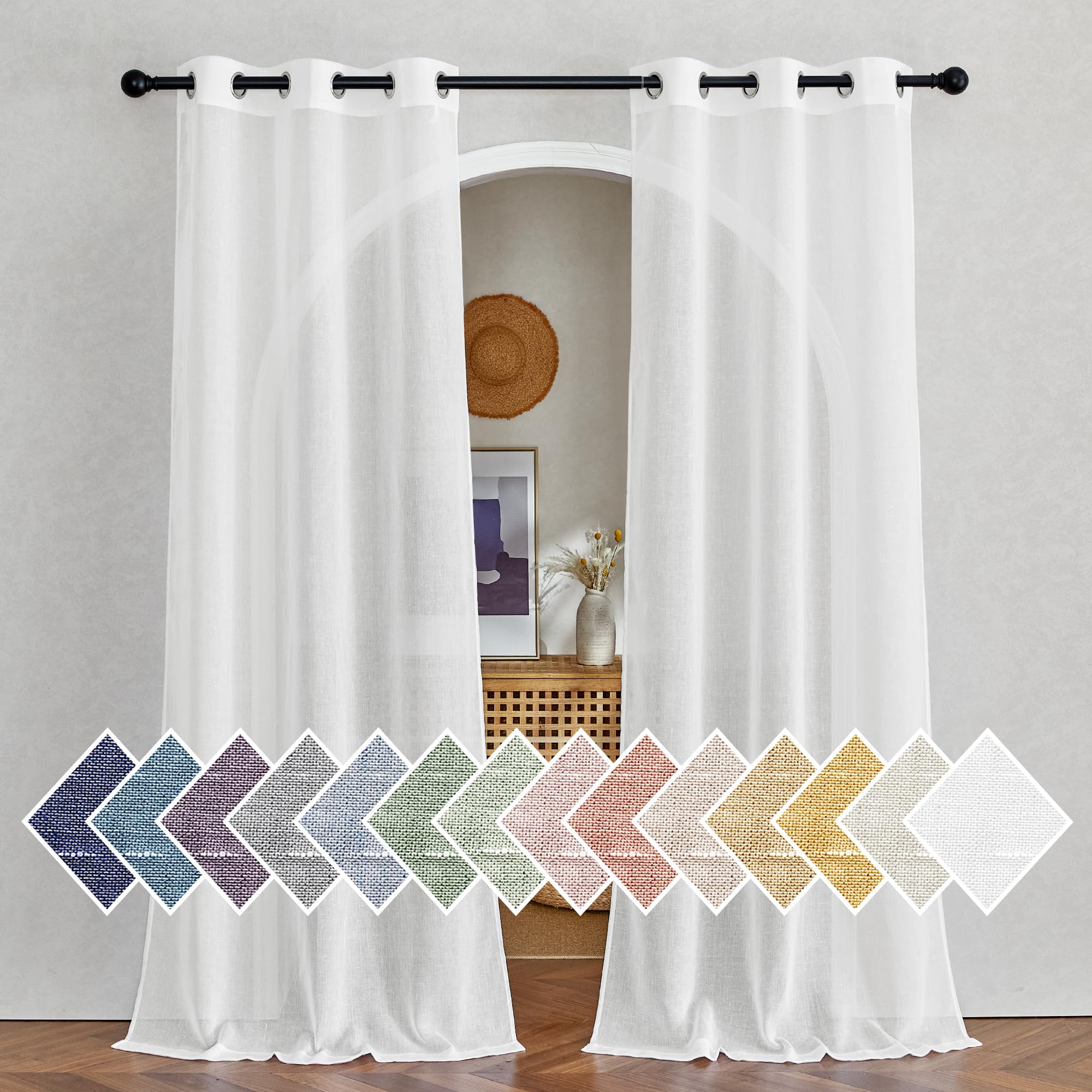 NICETOWN Semi Sheer Linen Curtains for Bedroom 84 inches Long, Grommet Privacy Vertical Farmhouse Window with Light Filtering for Living Room, Natural, W52 x L84, 2 Pieces