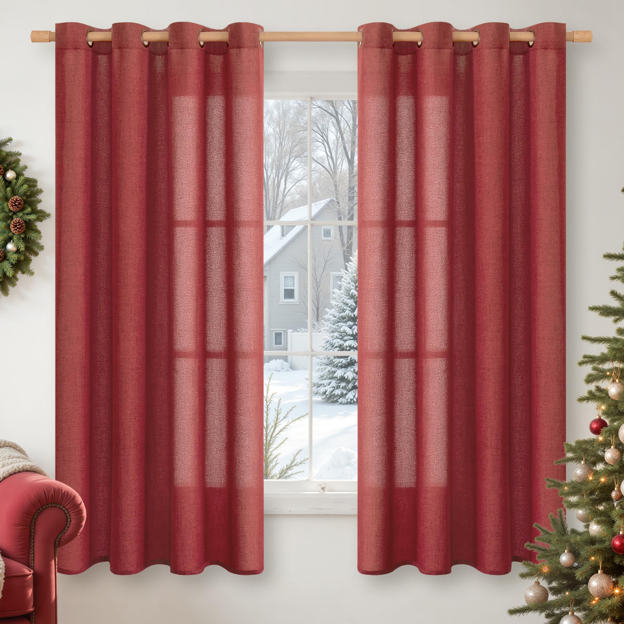 YoungsTex Linen Semi Sheer Curtains 63 Inch Length 2 Panels for Living Room - Light Filtering Drapes with Bronze Grommet Beige Window Treatments for Country Office Bedroom, 52 X 63 Inch