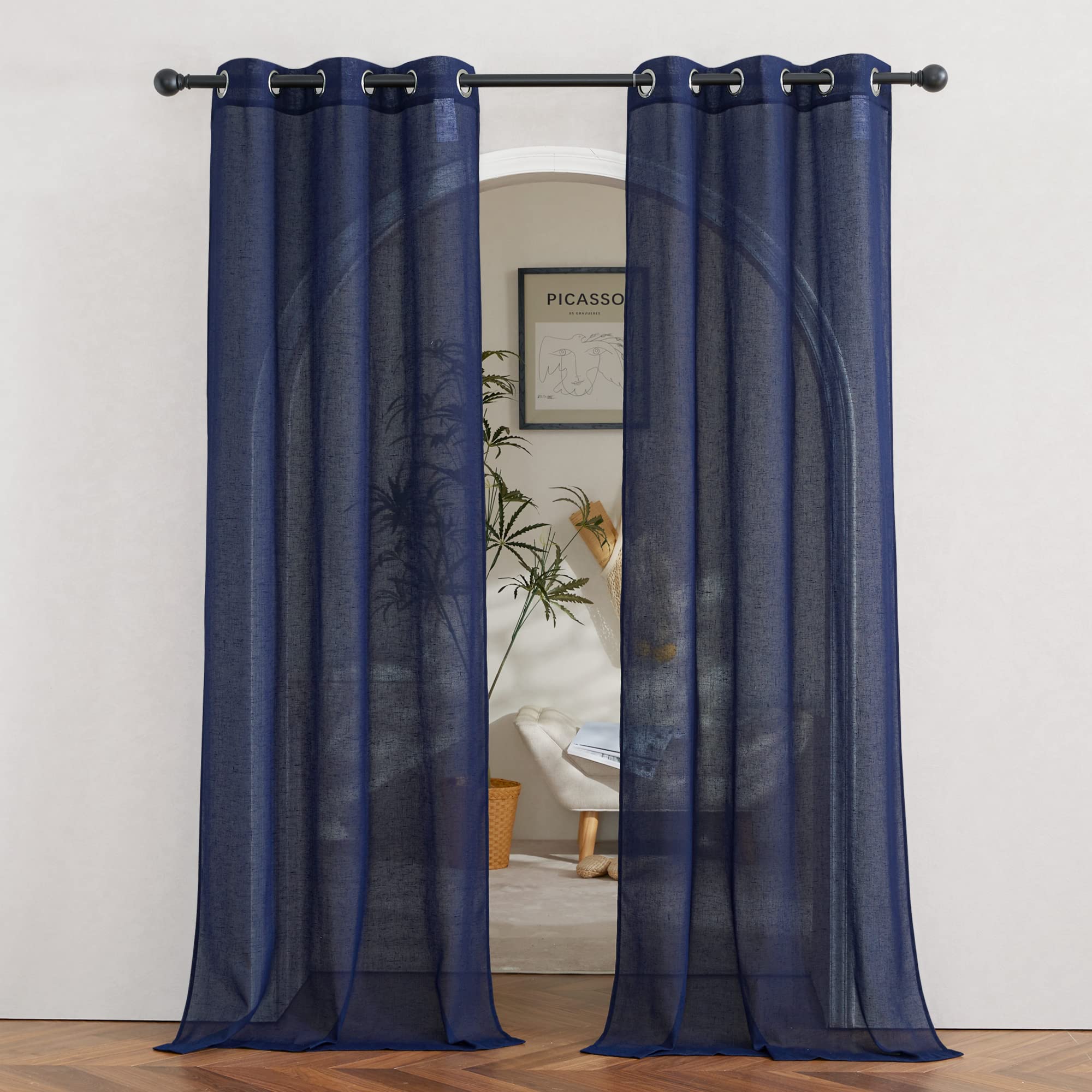 NICETOWN Semi Sheer Linen Curtains for Bedroom 84 inches Long, Grommet Privacy Vertical Farmhouse Window with Light Filtering for Living Room, Natural, W52 x L84, 2 Pieces