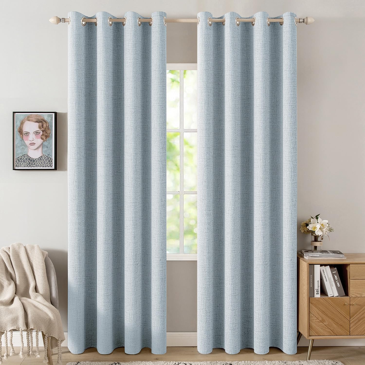 MIULEE 100% Blackout Linen Textured Curtains for Bedroom Solid Thermal Insulated Cream Grommet Room Darkening Curtains & Drapes Luxury Decor for Living Room Nursery 52 x 84 Inch (2 Panels)