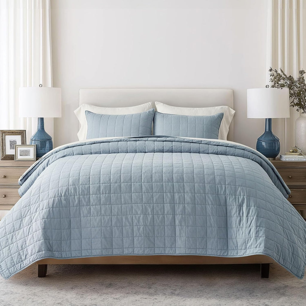 EVERGRACEHOME 100% Cotton Box Stitch Quilt Bedding Set Queen Size 3 Pieces, Garment-Washed Lightweight Soft Cozy Coverlet, Quilted Bedspread Sets with 2 Shams for All Season, Blue Linen | Box Stitch Design, 100% Cotton, Soft, Oversized, Pre Washed, Oeko-T