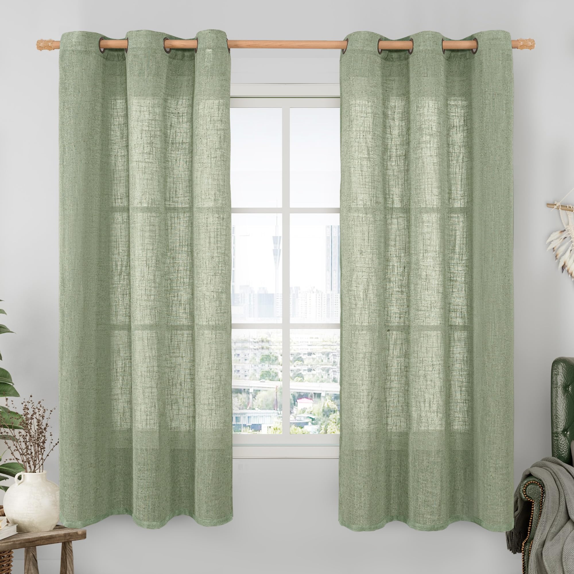 LAMIT Natural Ivory Linen Semi Sheer Curtains 84 inch Length, Cream Light Filtering Soft Thick Neutral Living Room Drapes with Bronze Grommet for Bedroom/Farmhouse, 2 Panels, 52 x 84 Inch