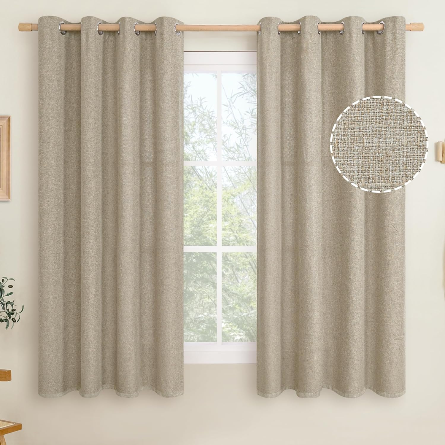 LAMIT Linen Curtains 84 inch Length 2 Panels, Grommet Thick Soft Light Filtering Curtains Privacy Living Room Window Drapes for Bedroom/Farmhouse, W52 x L84, Natural Beige