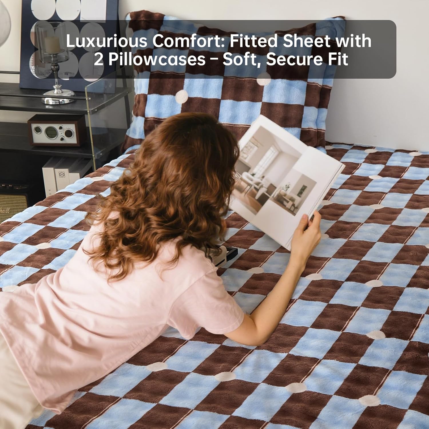 Twin Size Bed Sheet, Luxury Soft Cozy Twin Fitted Sheet with 2 PCS Pillowcases, Velvet Sheets Fits 15 inches Deep Pocket Mattress (Brown and Blue Plaid)