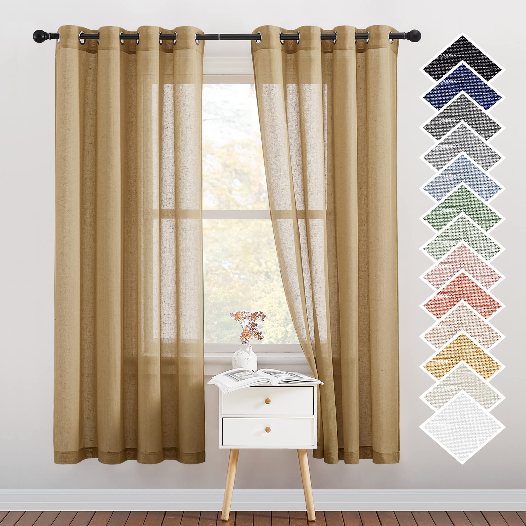 NICETOWN Semi Sheer Linen Curtains for Bedroom 84 inches Long, Grommet Privacy Vertical Farmhouse Window with Light Filtering for Living Room, Natural, W52 x L84, 2 Pieces