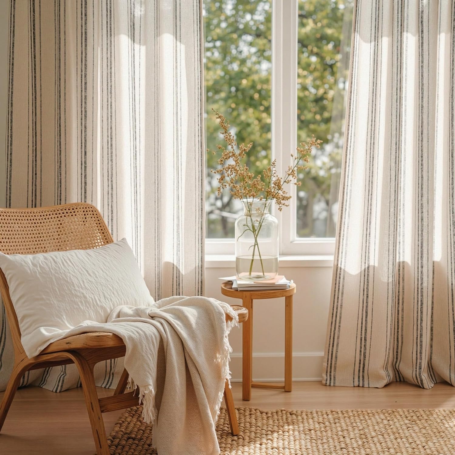 MYSKY HOME Grey Striped Linen Curtains 84 Inches Long Farmhouse Rustic for Bedroom Living Room Light Filtering Ticking Stripe Pinstripe Gray and White Patterned Drapes, Grommet, 2 Panels, 52" Wide