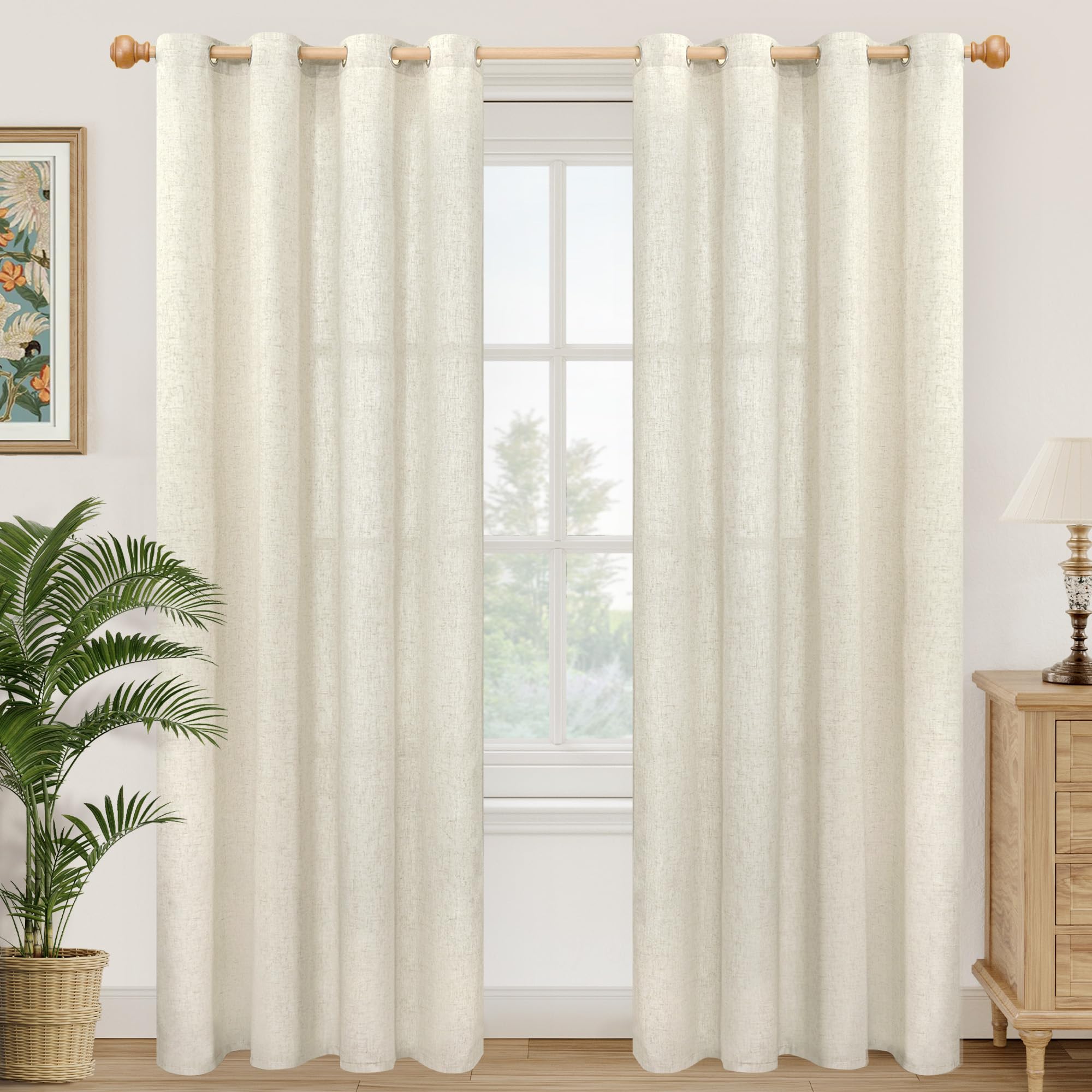 YoungsTex Linen Semi Sheer Curtains 63 Inch Length 2 Panels for Living Room - Light Filtering Drapes with Bronze Grommet Beige Window Treatments for Country Office Bedroom, 52 X 63 Inch
