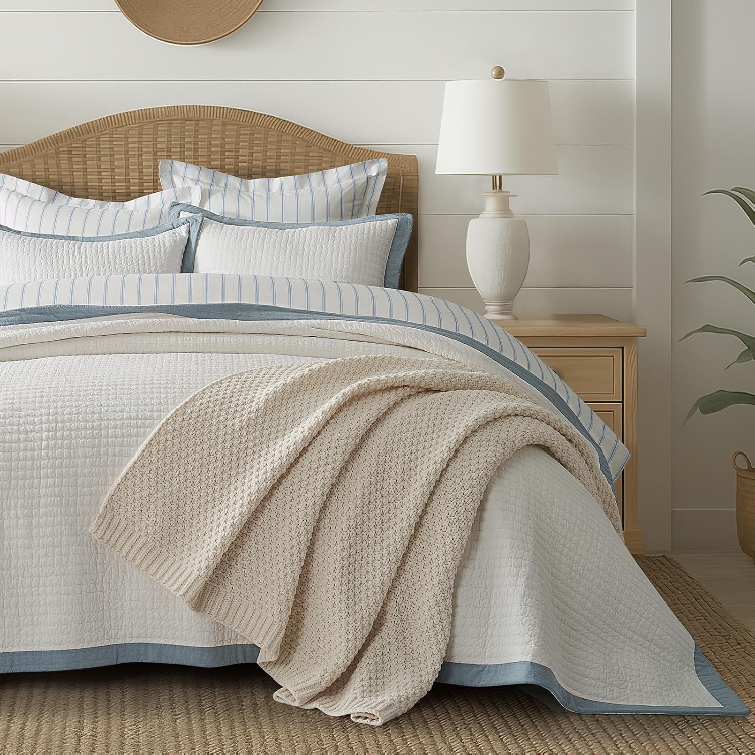 EVERGRACE Cotton Border Frame Tack-Stitch Quilt Bedding Set King Size, Coastal Oversized 3 Pieces Lightweight Bedspread Coverlet for All Season, with 2 Matching Shams, Blue Linen | Pick-Stitch Channel, Border Frame, Pre Washed, Oeko-Tex Certified, 100% Co