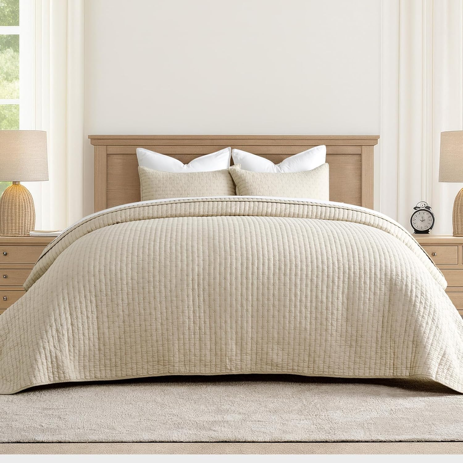 EVERGRACE Cotton Border Frame Tack-Stitch Quilt Bedding Set King Size, Coastal Oversized 3 Pieces Lightweight Bedspread Coverlet for All Season, with 2 Matching Shams, Blue Linen | Pick-Stitch Channel, Border Frame, Pre Washed, Oeko-Tex Certified, 100% Co