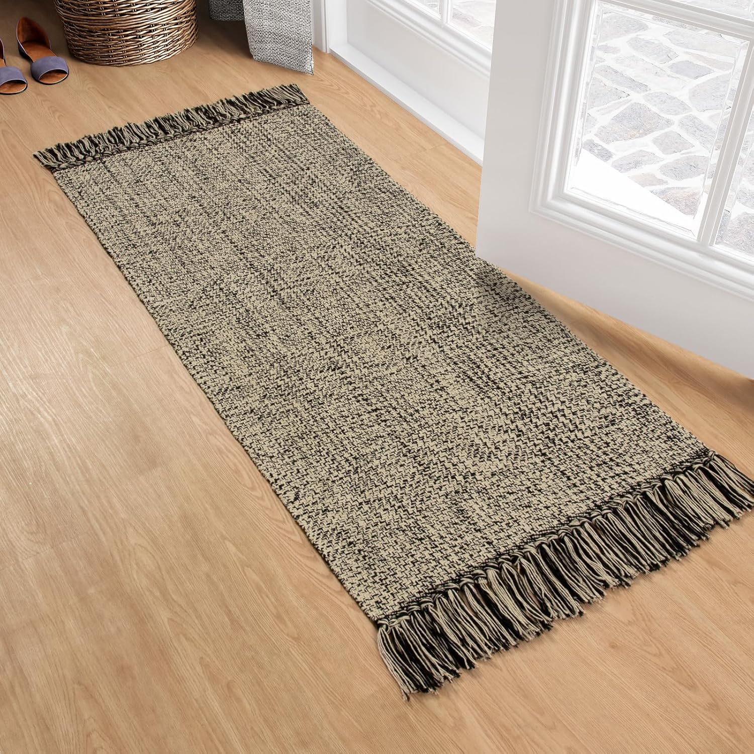 Collive 4x6 Area Rug, Natural/Black Woven Cotton Washable Modern Bedroom Rugs, Boho Dining Room Door Rug Carpet with Tassel for Living Room Nursery Room Office, Outdoor Rug for Patio Hallway Decor