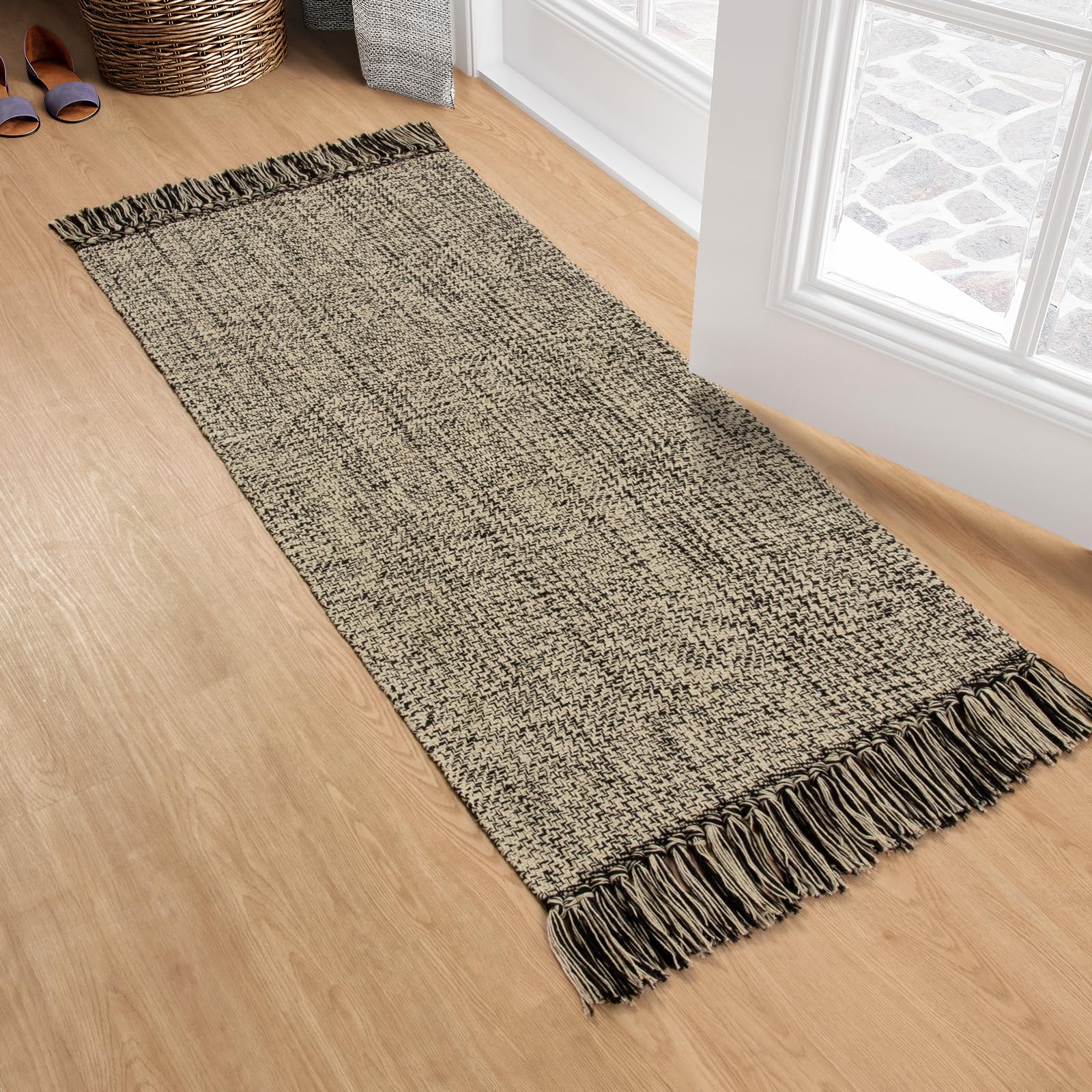 Collive Washable Area Rug 3' x 5', Modern Farmhouse Woven Kitchen Rugs, Tan/Cream Indoor Outddor Mat Braided Throw Carpet for Entryway Bedroom Nursery Laundry Living Room