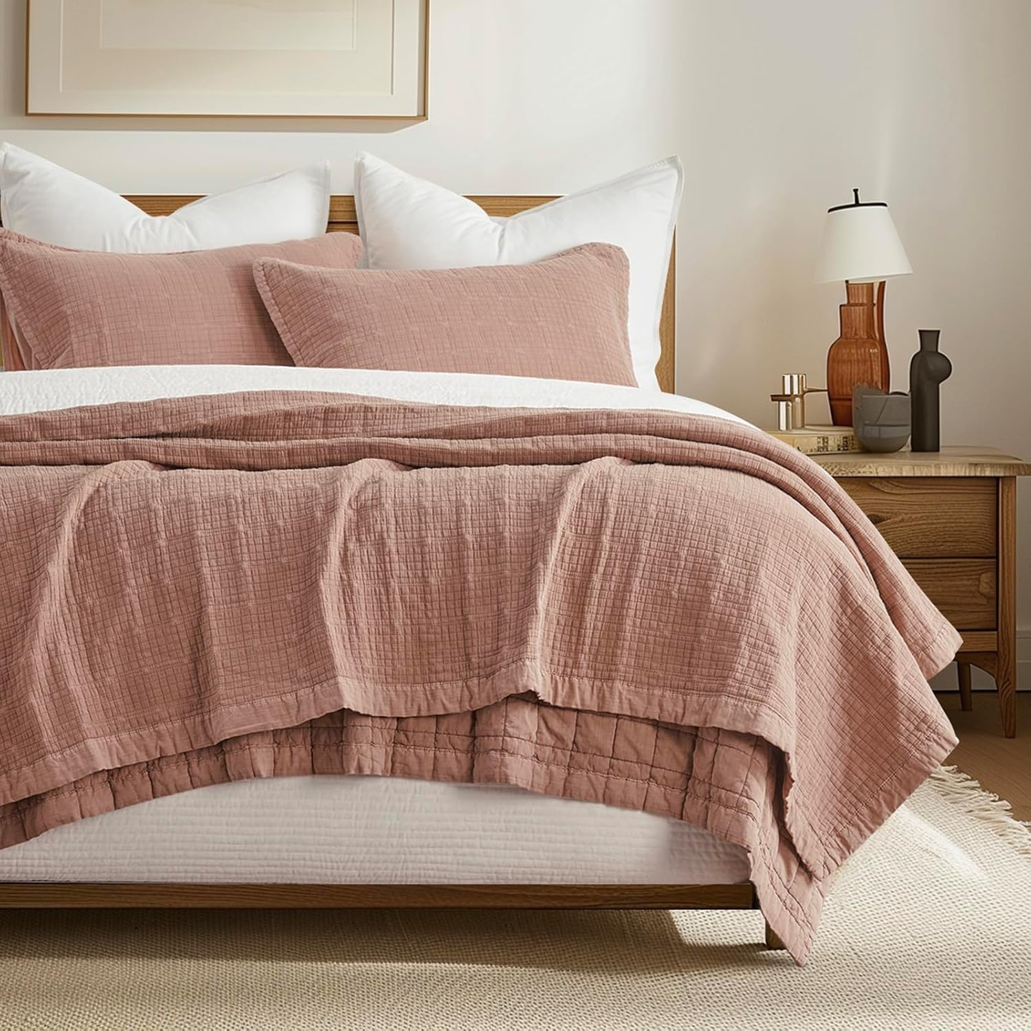 EVERGRACEHOME Stonewashed Cotton Quilt Set King Size, Ultra Soft Oversized Bedspread Coverlet Set, Lightweight Crinkle Box Stitch Bedding Sets for All Season, with 2 Shams, Mocha Brown