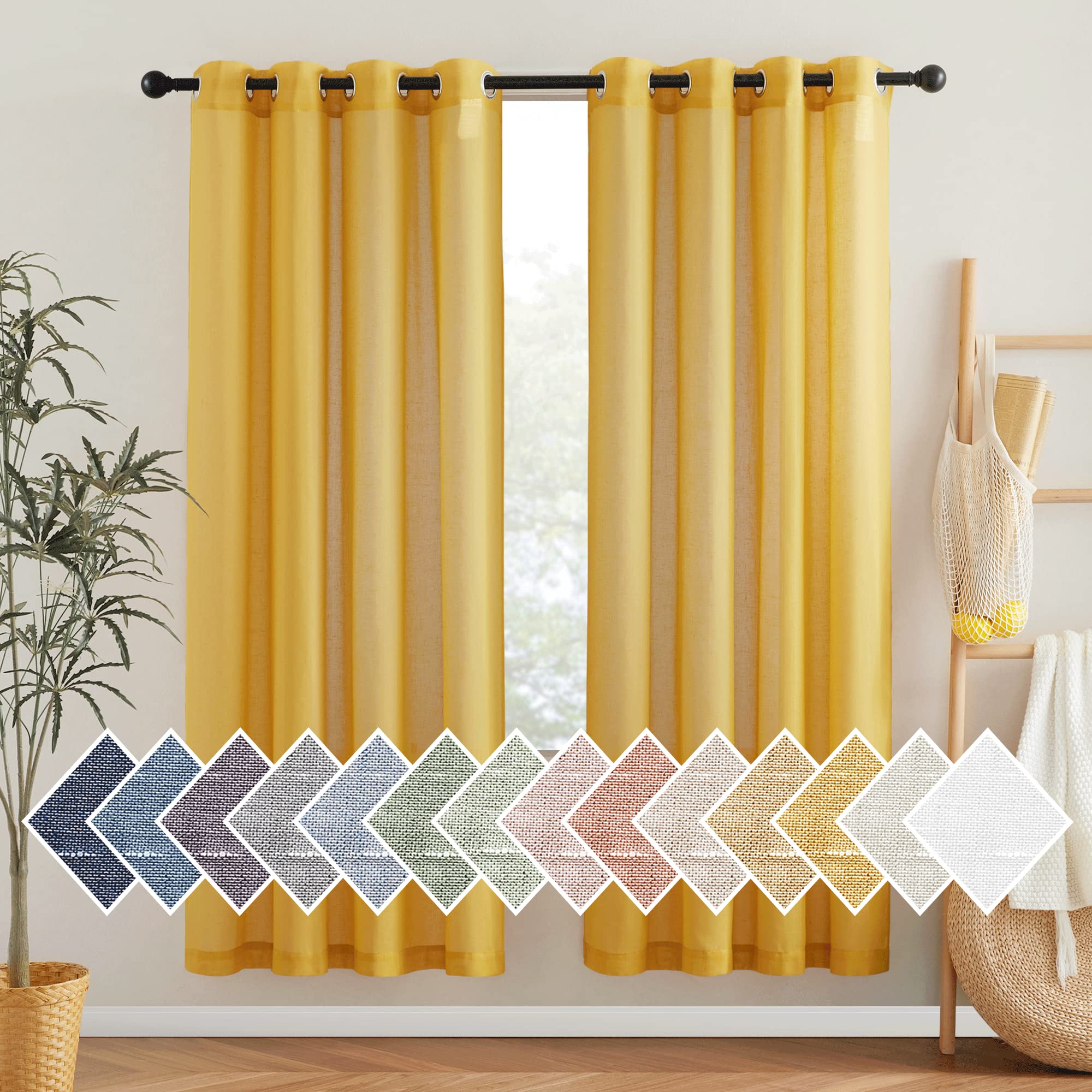NICETOWN Semi Sheer Linen Curtains for Bedroom 84 inches Long, Grommet Privacy Vertical Farmhouse Window with Light Filtering for Living Room, Natural, W52 x L84, 2 Pieces