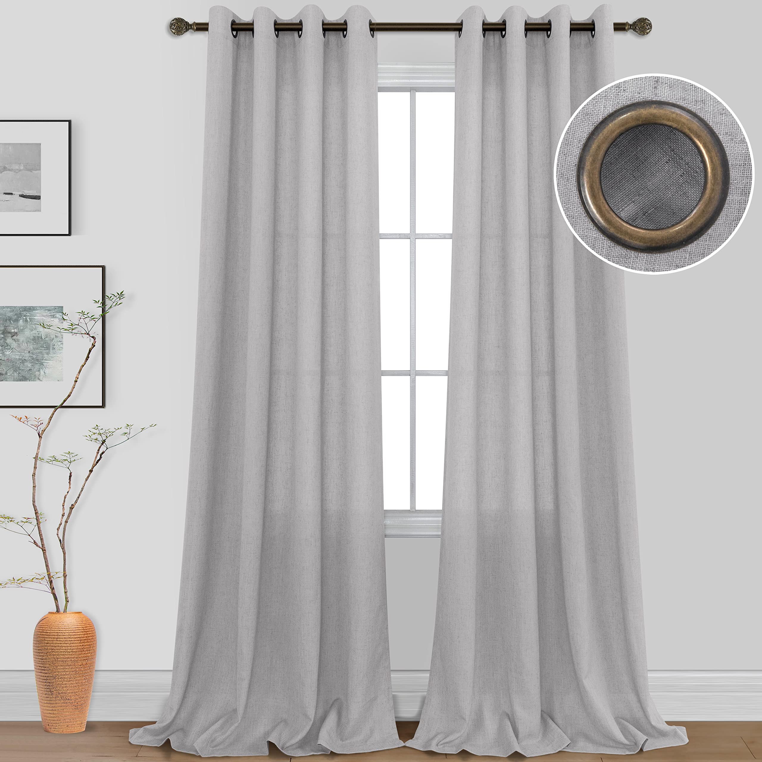KOUFALL Linen Curtains for Living Room, Bronze Grommet, Semi Sheer Light Filtering Curtains, Neutral Cream Farmhouse Curtain Drapes 84 Inches Long 2 Panels Set