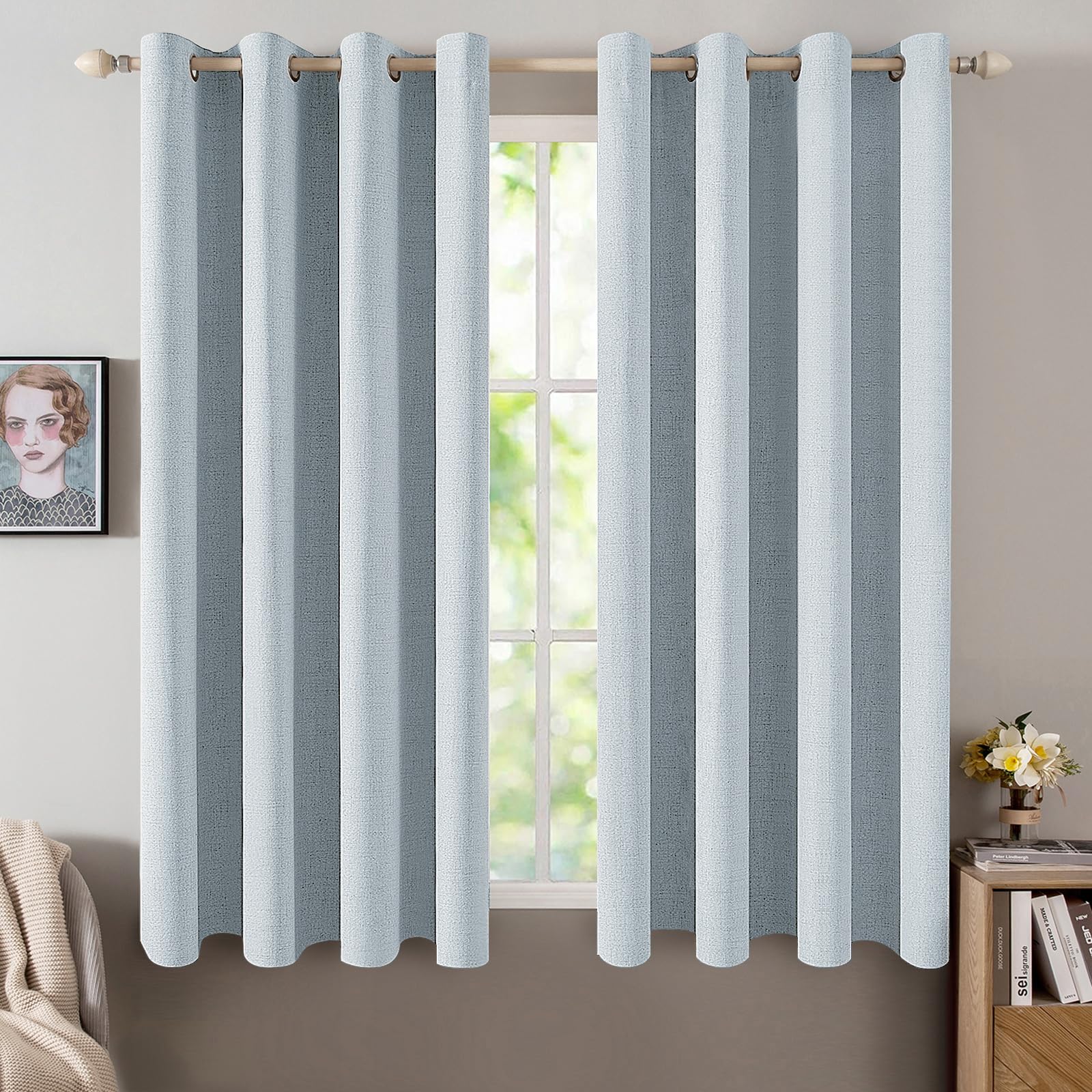 MIULEE 100% Blackout Linen Textured Curtains for Bedroom Solid Thermal Insulated Cream Grommet Room Darkening Curtains & Drapes Luxury Decor for Living Room Nursery 52 x 84 Inch (2 Panels)