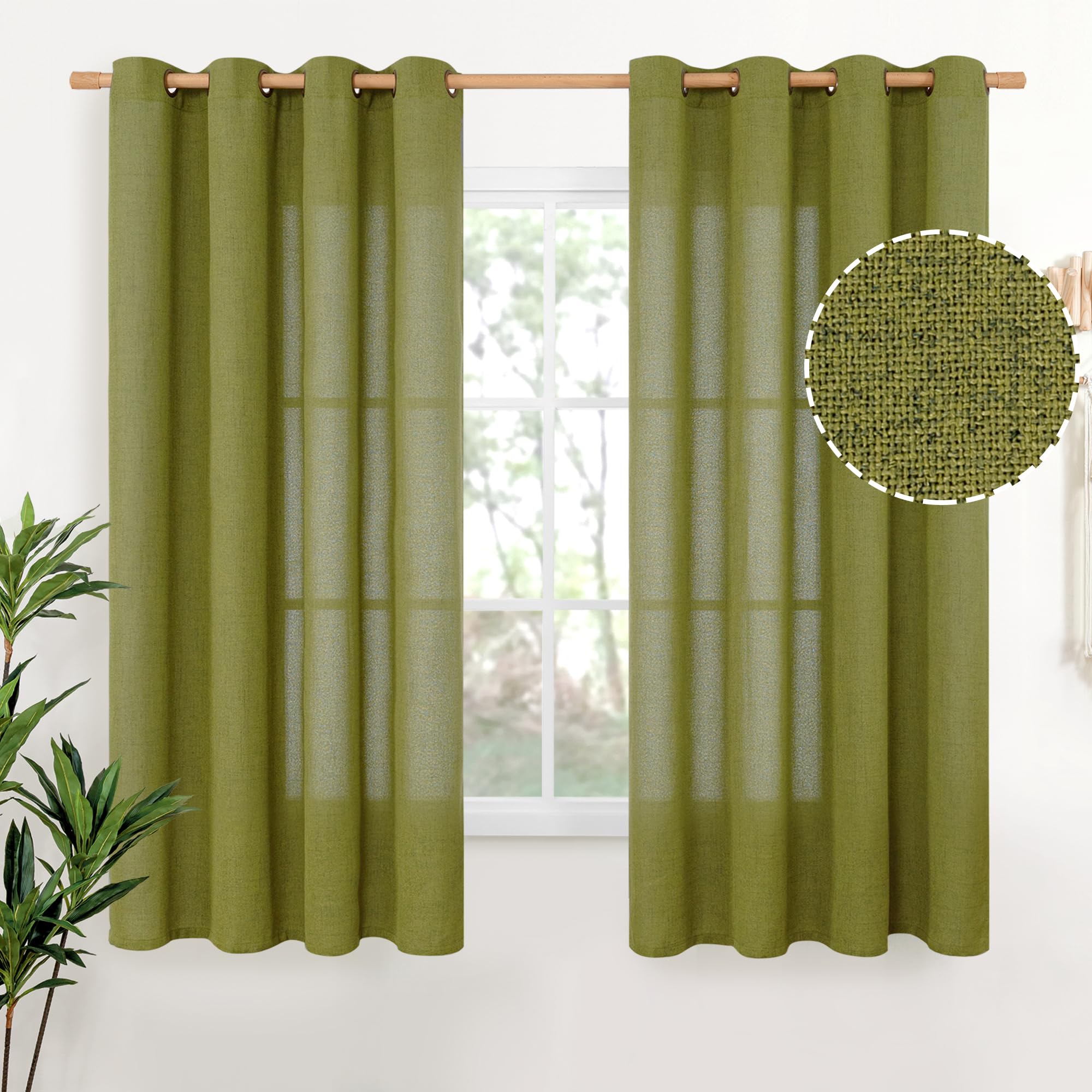 YoungsTex Linen Semi Sheer Curtains 63 Inch Length 2 Panels for Living Room - Light Filtering Drapes with Bronze Grommet Beige Window Treatments for Country Office Bedroom, 52 X 63 Inch