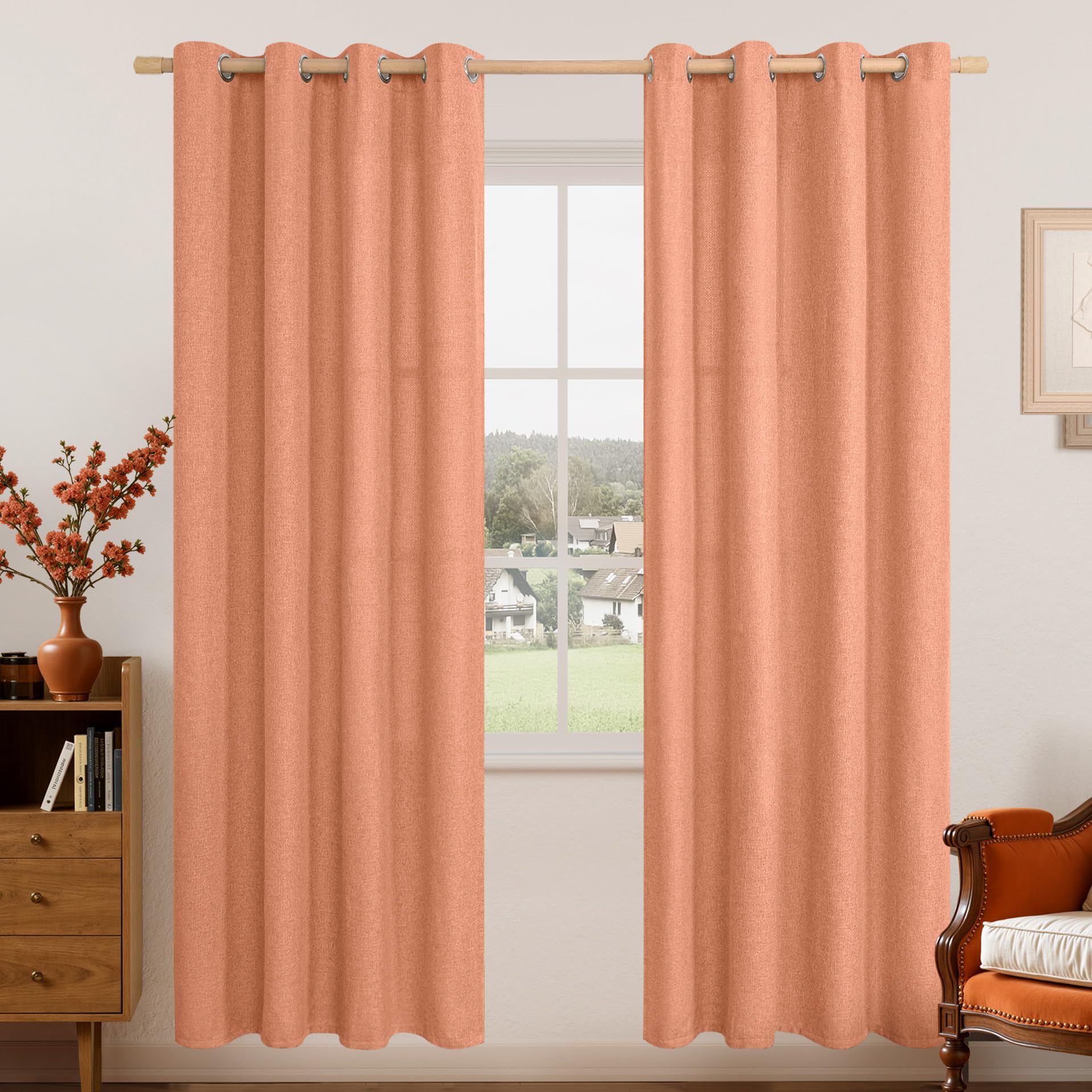 LAMIT Linen Curtains 84 inch Length 2 Panels, Grommet Thick Soft Light Filtering Curtains Privacy Living Room Window Drapes for Bedroom/Farmhouse, W52 x L84, Natural Beige