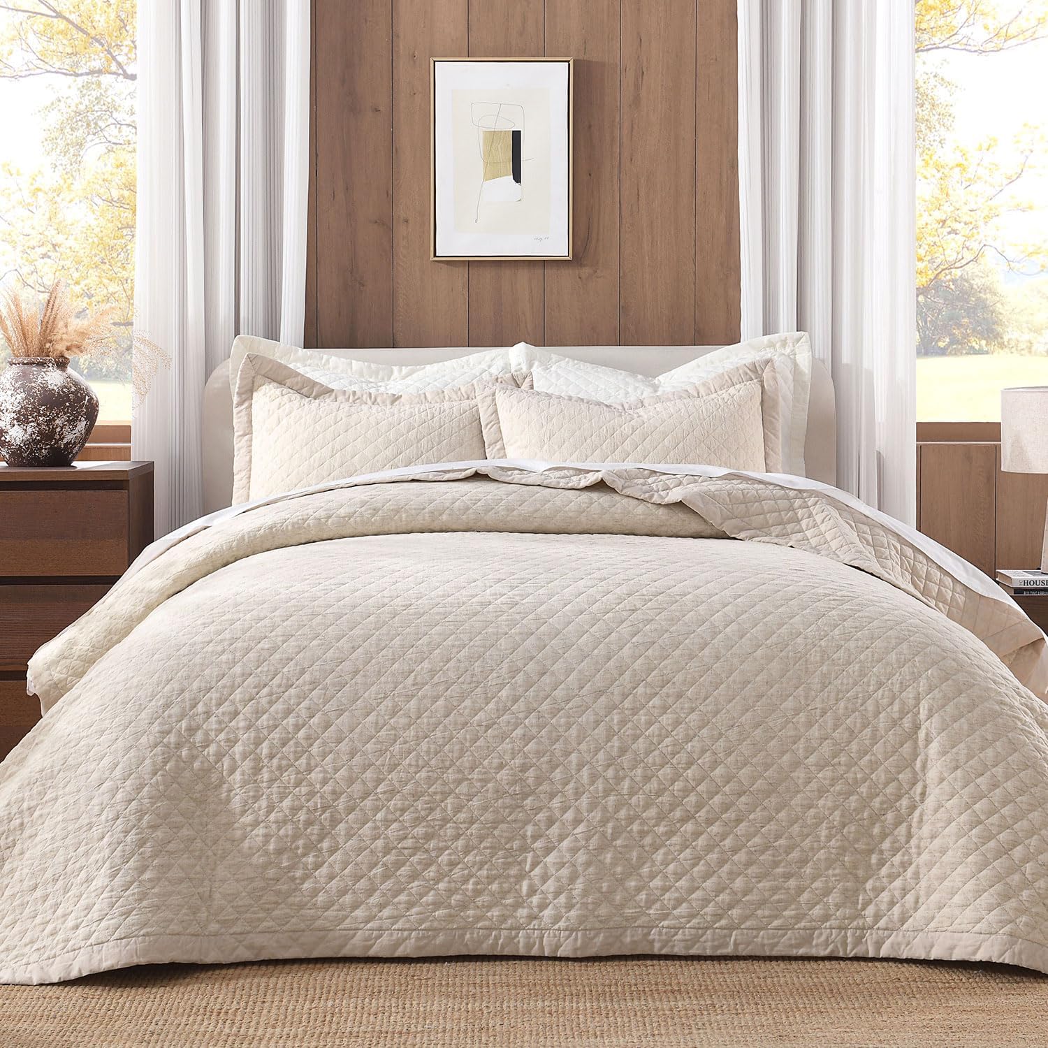 Grassix Linen Quilt Set King Size 3-Piece, 100% Linen Front & Cotton Back, Prewashed Diamond Stitch Bedspread with 2 Shams, Lightweight Breathable Quilt for Hot Sleepers, Modern Farmhouse Bedding