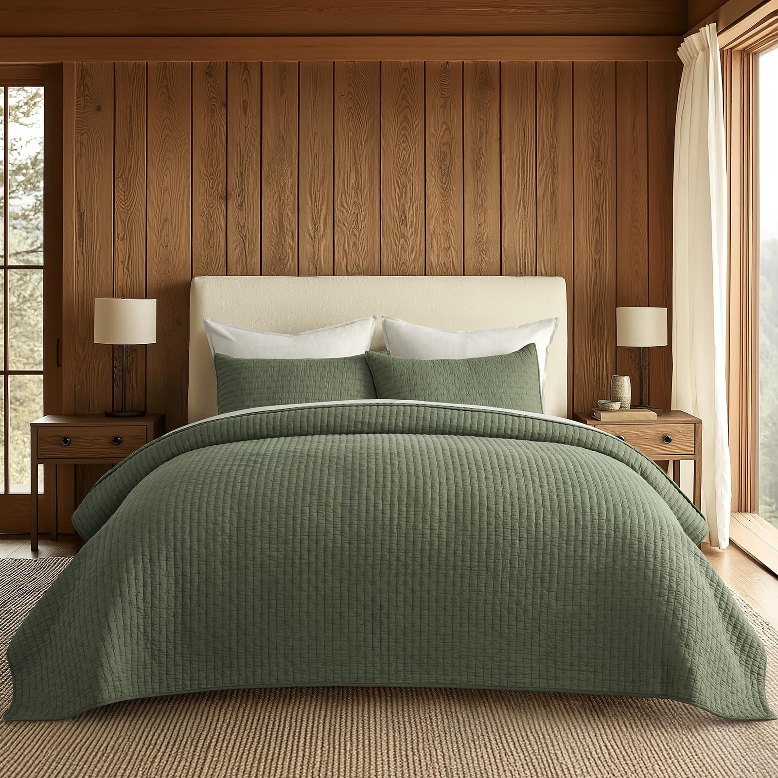 EVERGRACE Cotton Border Frame Tack-Stitch Quilt Bedding Set King Size, Coastal Oversized 3 Pieces Lightweight Bedspread Coverlet for All Season, with 2 Matching Shams, Blue Linen | Pick-Stitch Channel, Border Frame, Pre Washed, Oeko-Tex Certified, 100% Co