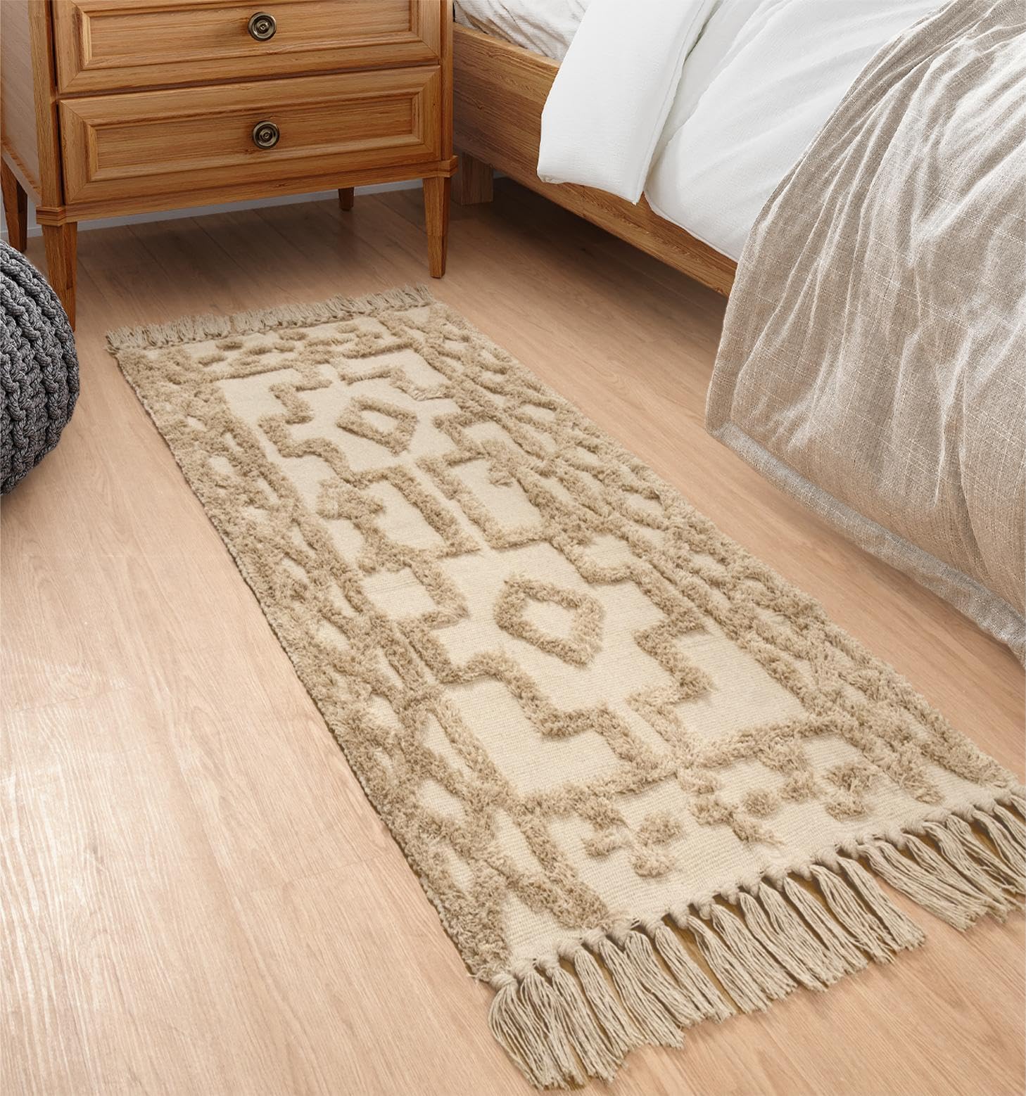 Uphome Boho Hallway Runner Rug 2'x 6', Beige Cotton Washable Kitchen Rug Runners with Tassels, Hand Woven Western Entryway Runner Rugs, Morrocan Accent Throw Carpet for Hallways Bedroom Bathroom