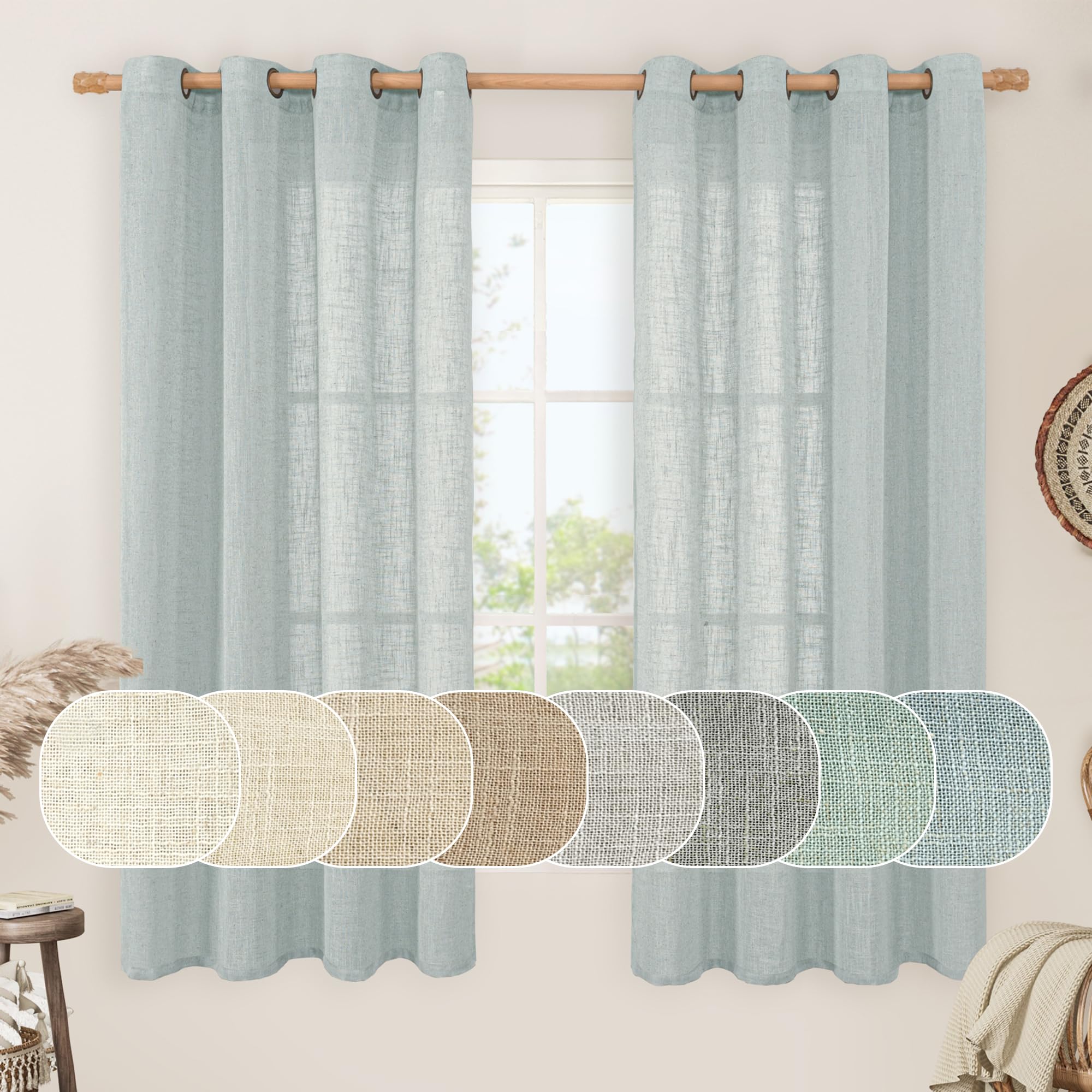 LAMIT Natural Ivory Linen Semi Sheer Curtains 84 inch Length, Cream Light Filtering Soft Thick Neutral Living Room Drapes with Bronze Grommet for Bedroom/Farmhouse, 2 Panels, 52 x 84 Inch