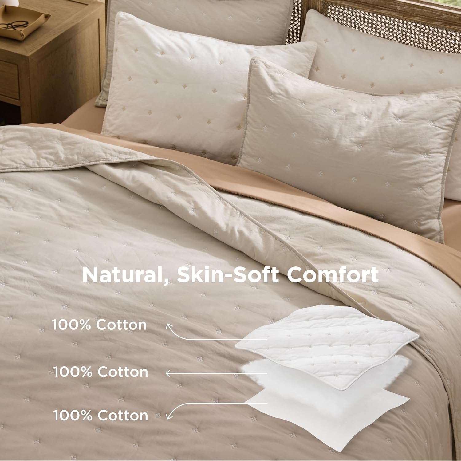 Bedsure 100% Cotton Quilt Set - Queen Size Bedspread, Lightweight Soft Bed Coverlet, PureWoven, 3-Piece Cozy Stitching Comforter with 2 Pillow Shams in Embroidery Clover Pattern, 90x96 in, Linen Beige