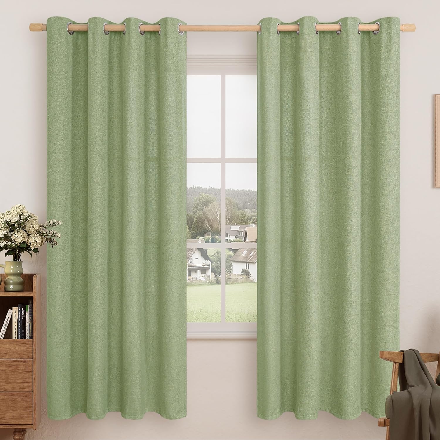 LAMIT Linen Curtains 84 inch Length 2 Panels, Grommet Thick Soft Light Filtering Curtains Privacy Living Room Window Drapes for Bedroom/Farmhouse, W52 x L84, Natural Beige