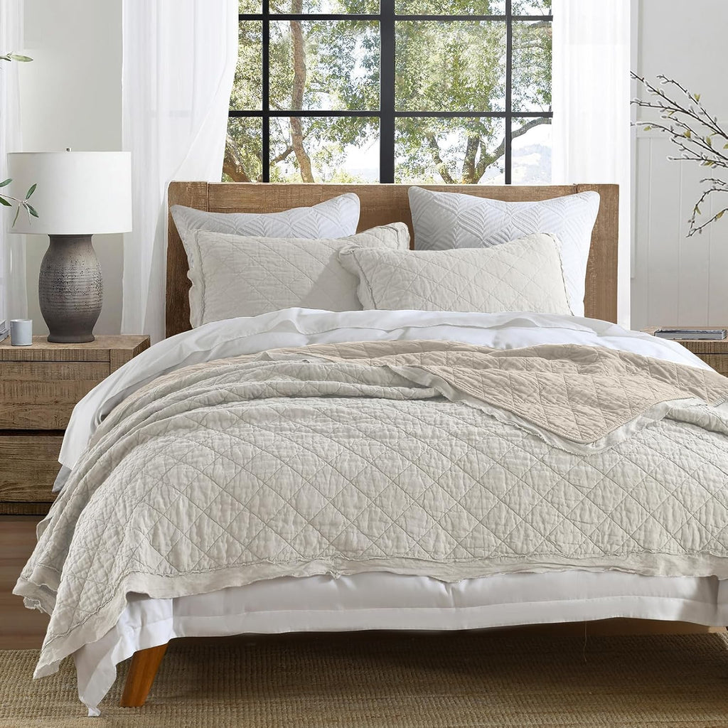HORIMOTE HOME 100% Linen Front/100% Cotton Back Quilt Set Queen Size, Beige Pre-Washed European Flax Linen Quilt, Diamond Stitch Bedspread Coverlet Bedding Set 3-Piece for All Seasons