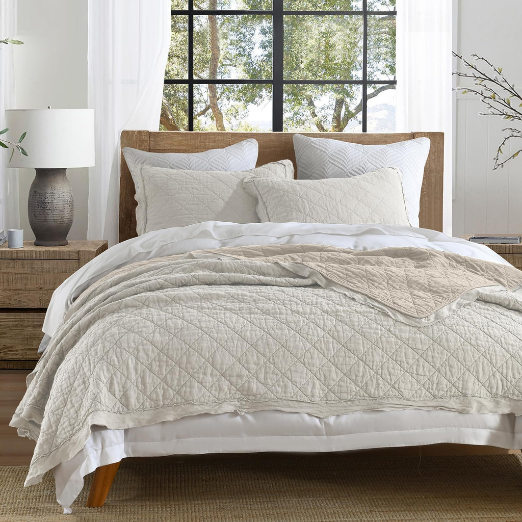 HORIMOTE HOME 100% Linen Front/100% Cotton Back Quilt Set Queen Size, White Pre-Washed European Flax Linen Quilt, Diamond Stitch Bedspread Coverlet Bedding Set 3-Piece for All Seasons