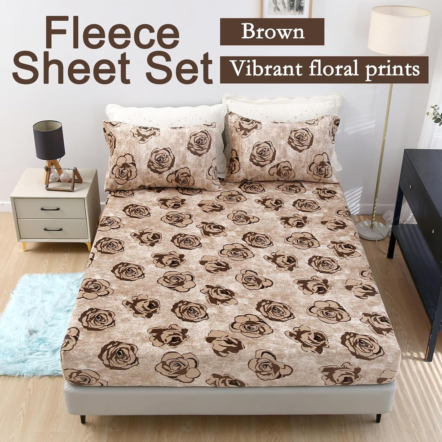 MAG 3Pcs Fleece Fitted Sheet Full Size with Brown Floral Pattern, Super Cute Fluffy Warm Flower Print Decor Bottom Sheets for Women Girls,included1*Fitted Sheet and 2*Pillowcases.